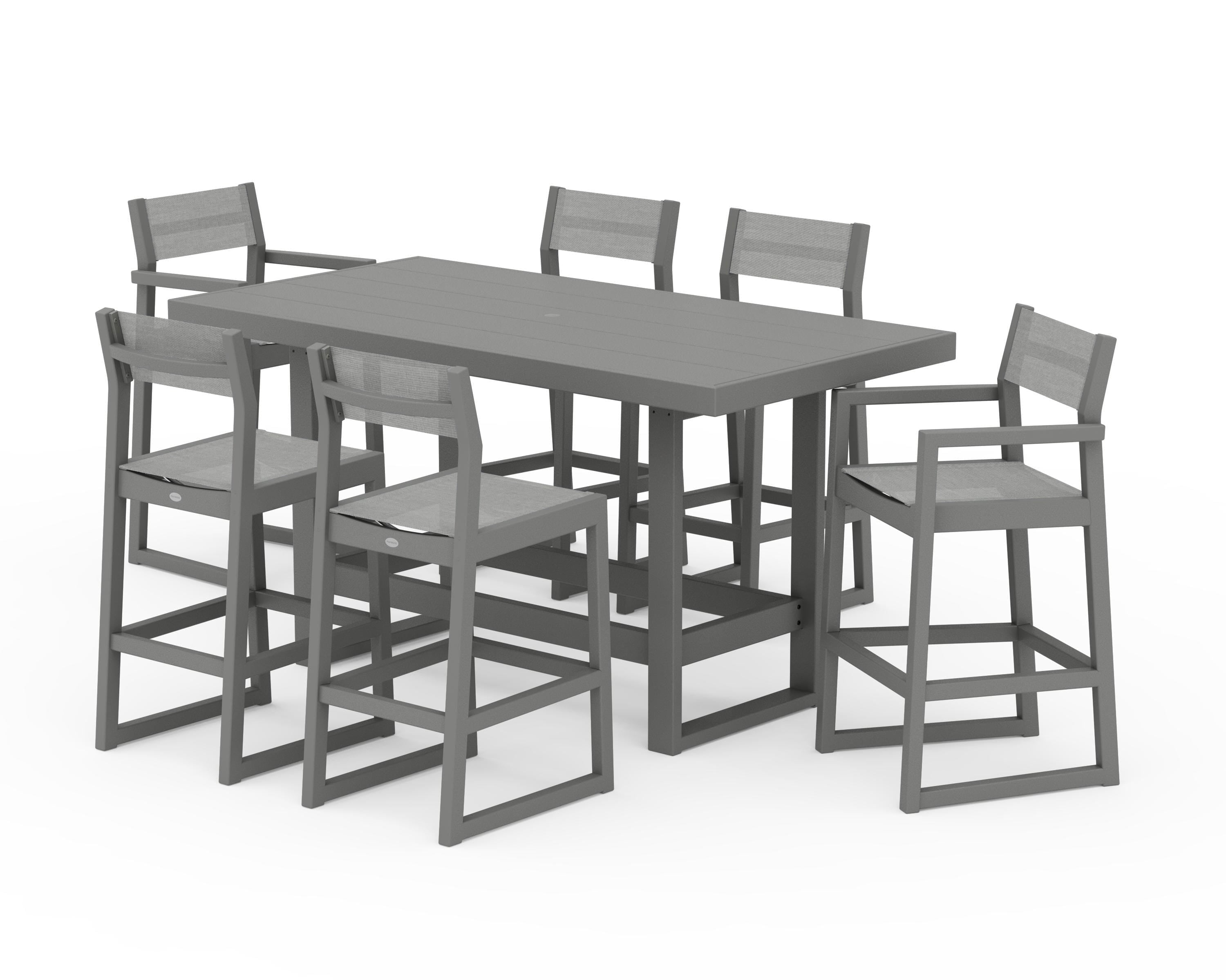 POLYWOOD EDGE Sling 7-Piece Bar Table Set in Slate Grey / Metallic Sling