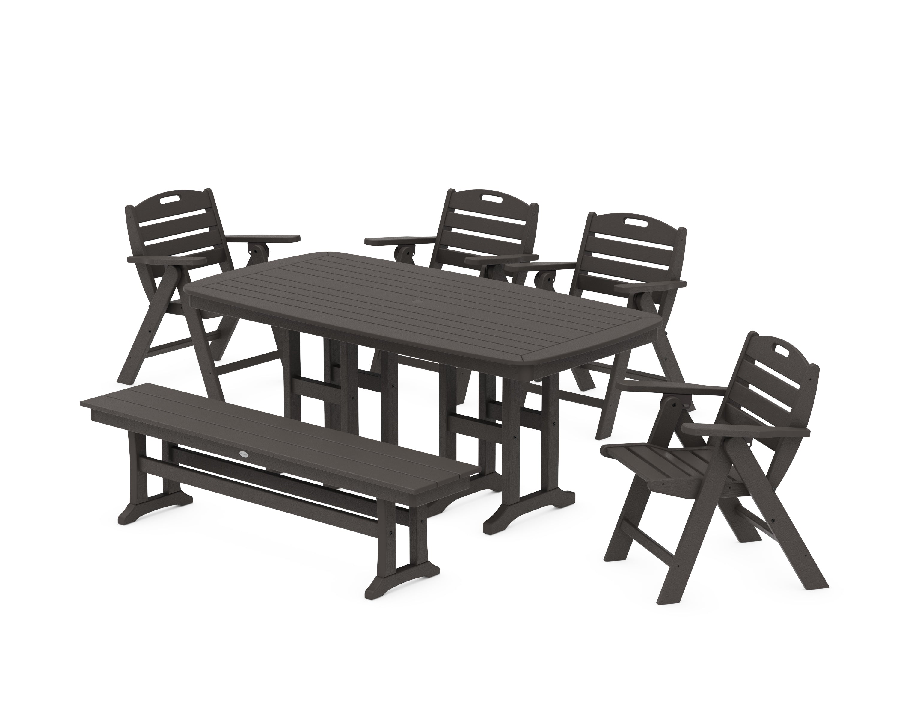 POLYWOOD Nautical Lowback 6-Piece Dining Set with Bench in Vintage Coffee