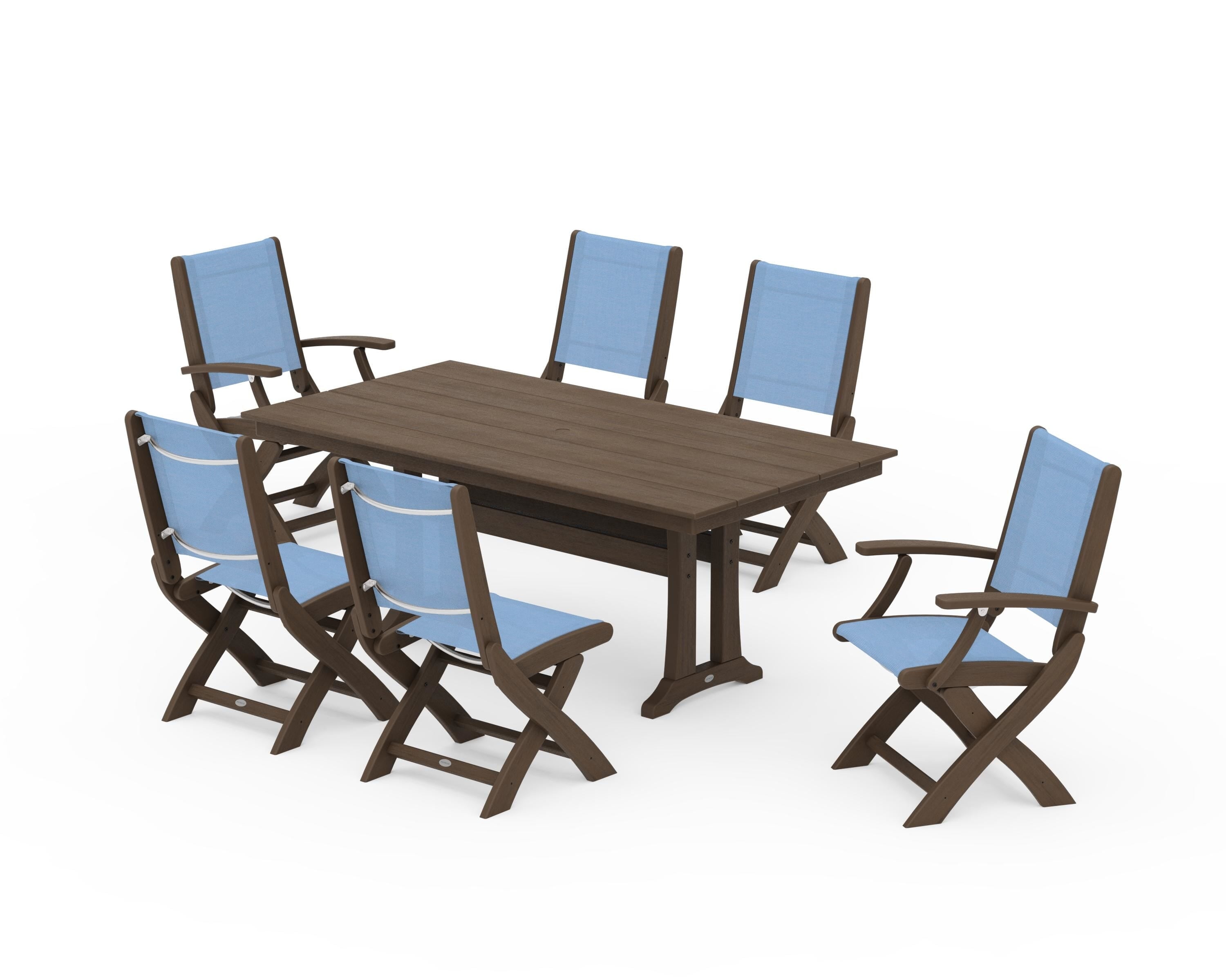 POLYWOOD Coastal Folding Chair 7-Piece Farmhouse Dining Set with Trestle Legs in Kona / Poolside Sling