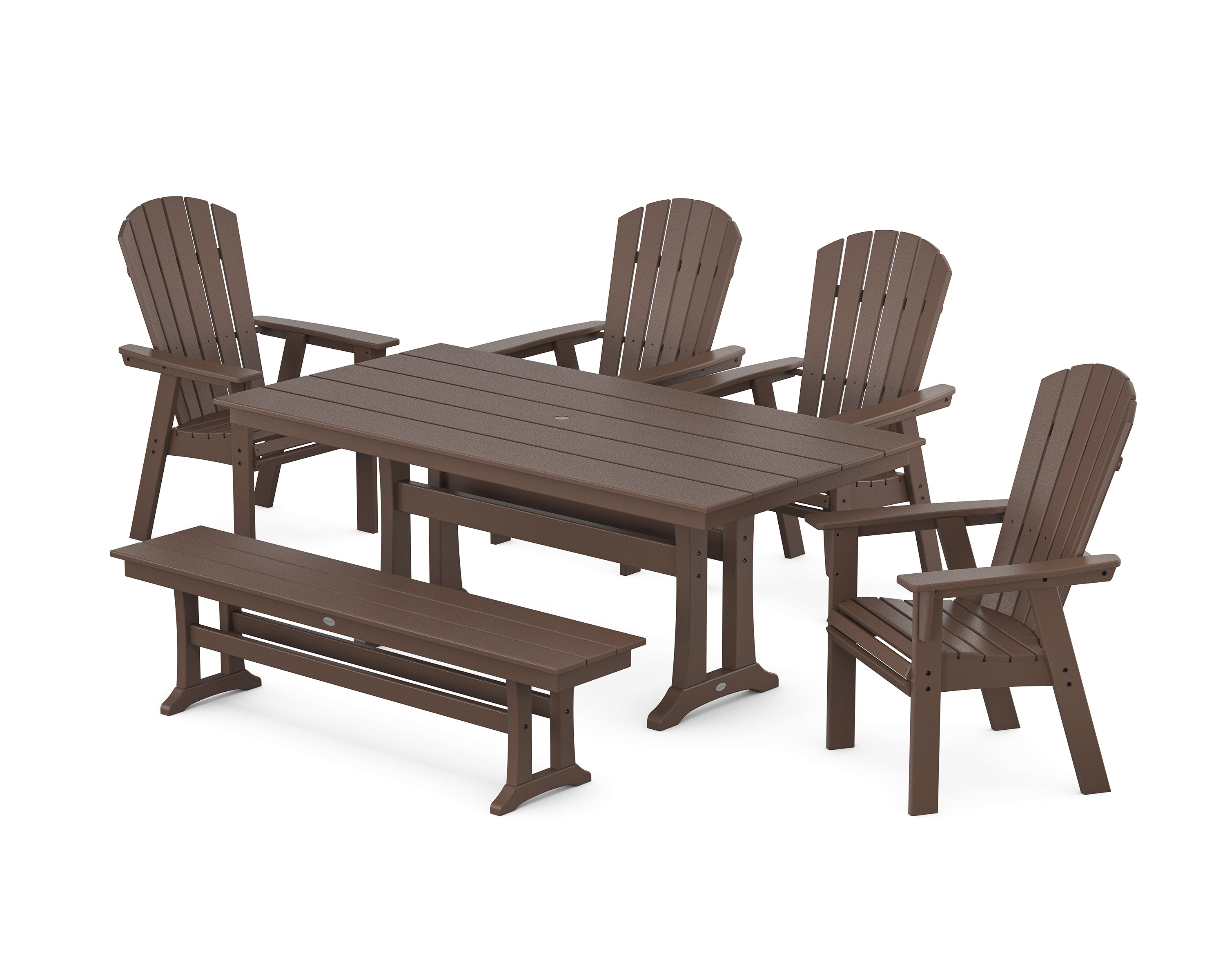 POLYWOOD Nautical Curveback Adirondack 6-Piece Farmhouse Dining Set with Trestle Legs and Bench in Mahogany
