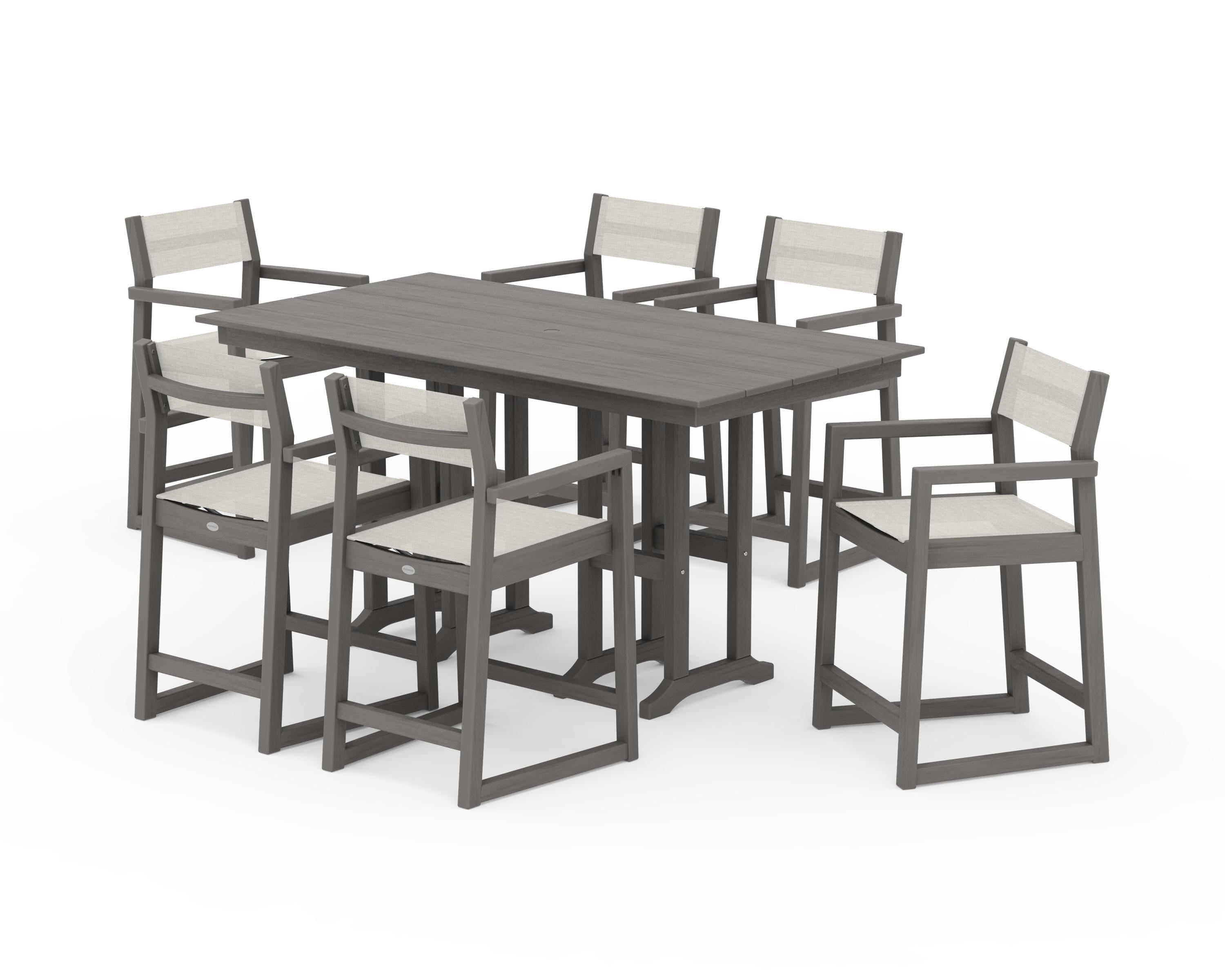 POLYWOOD EDGE Sling Arm Chair 7-Piece Farmhouse Counter Set in Driftwood / Parchment Sling