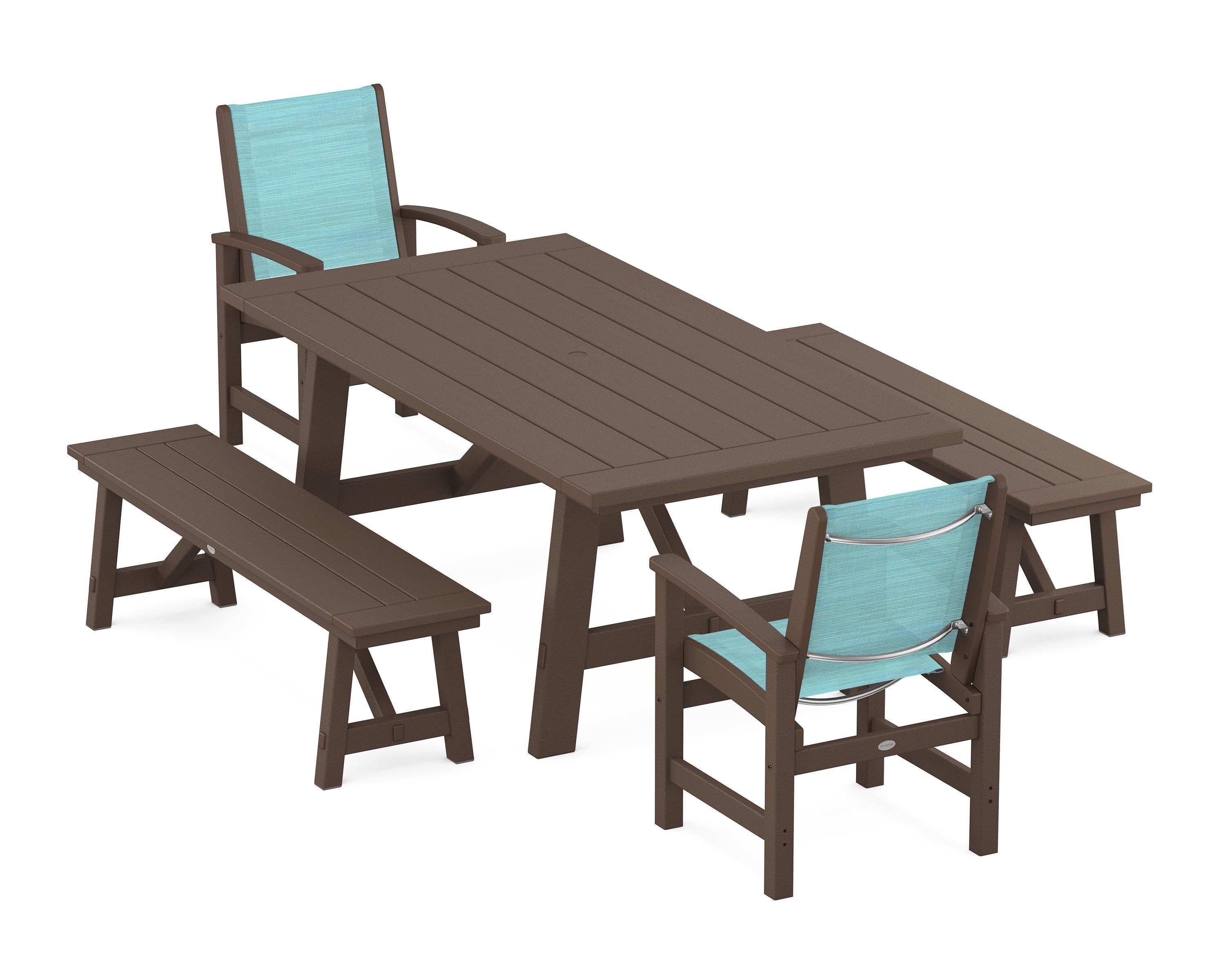 POLYWOOD Coastal 5-Piece Rustic Farmhouse Dining Set With Benches in Mahogany / Dupioni Aquamarine Sling