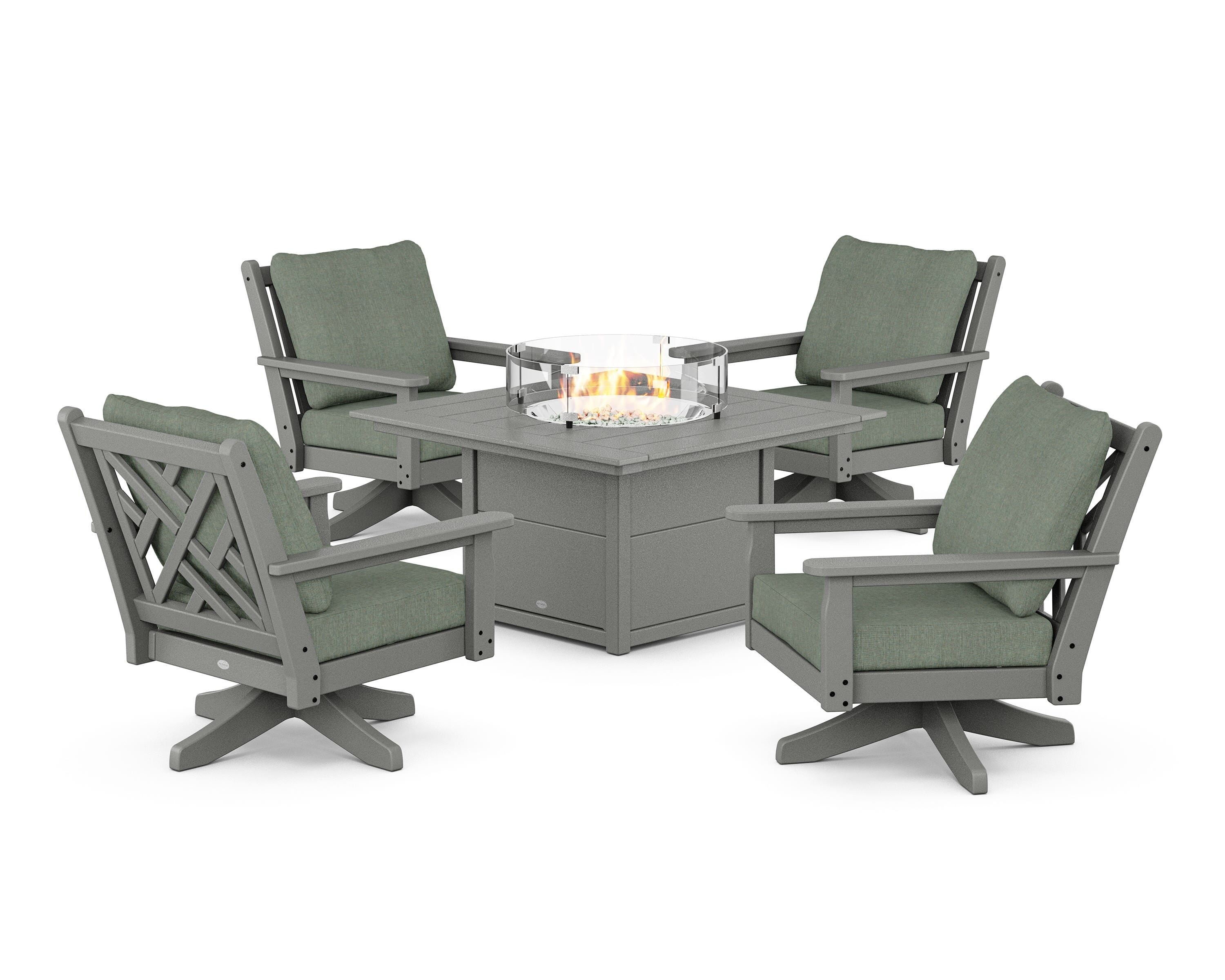 POLYWOOD Chippendale 5-Piece Deep Seating Swivel Conversation Set with Fire Pit Table in Slate Grey / Cast Sage