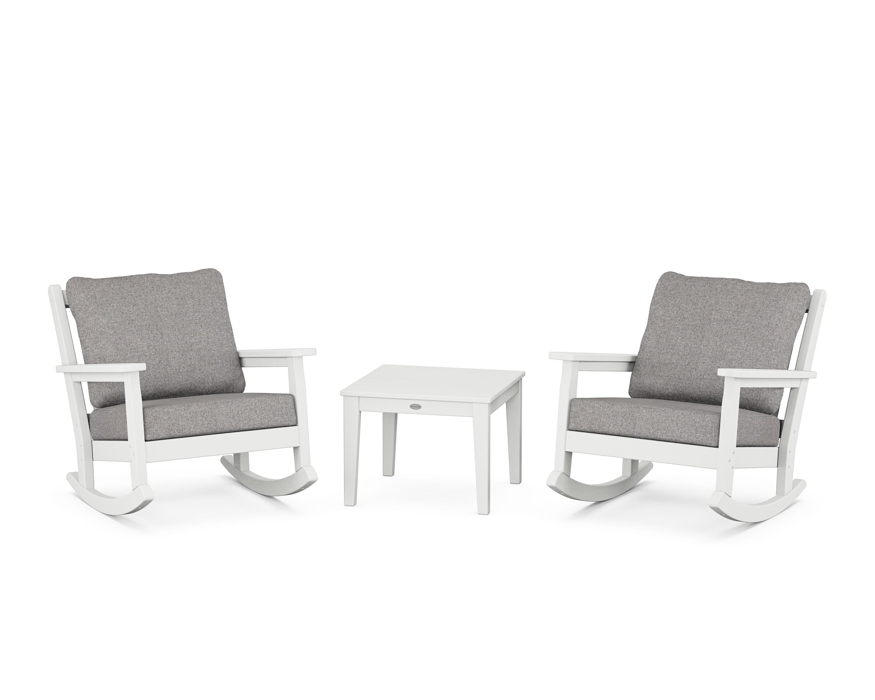 POLYWOOD Chippendale 3-Piece Deep Seating Rocker Set in White / Grey Mist