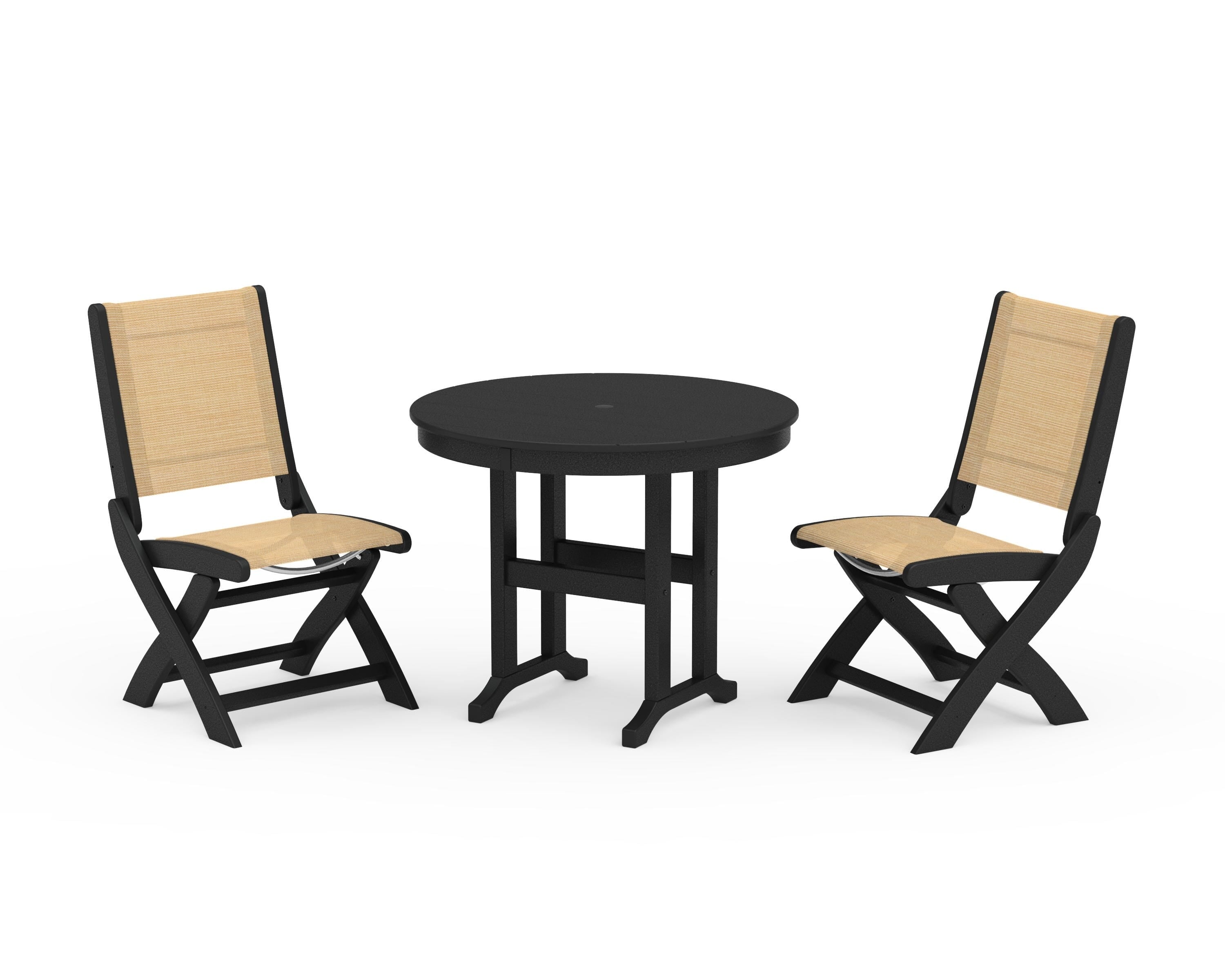 POLYWOOD Coastal Folding Side Chair 3-Piece Round Dining Set in Black / Dupioni Apricot Sling