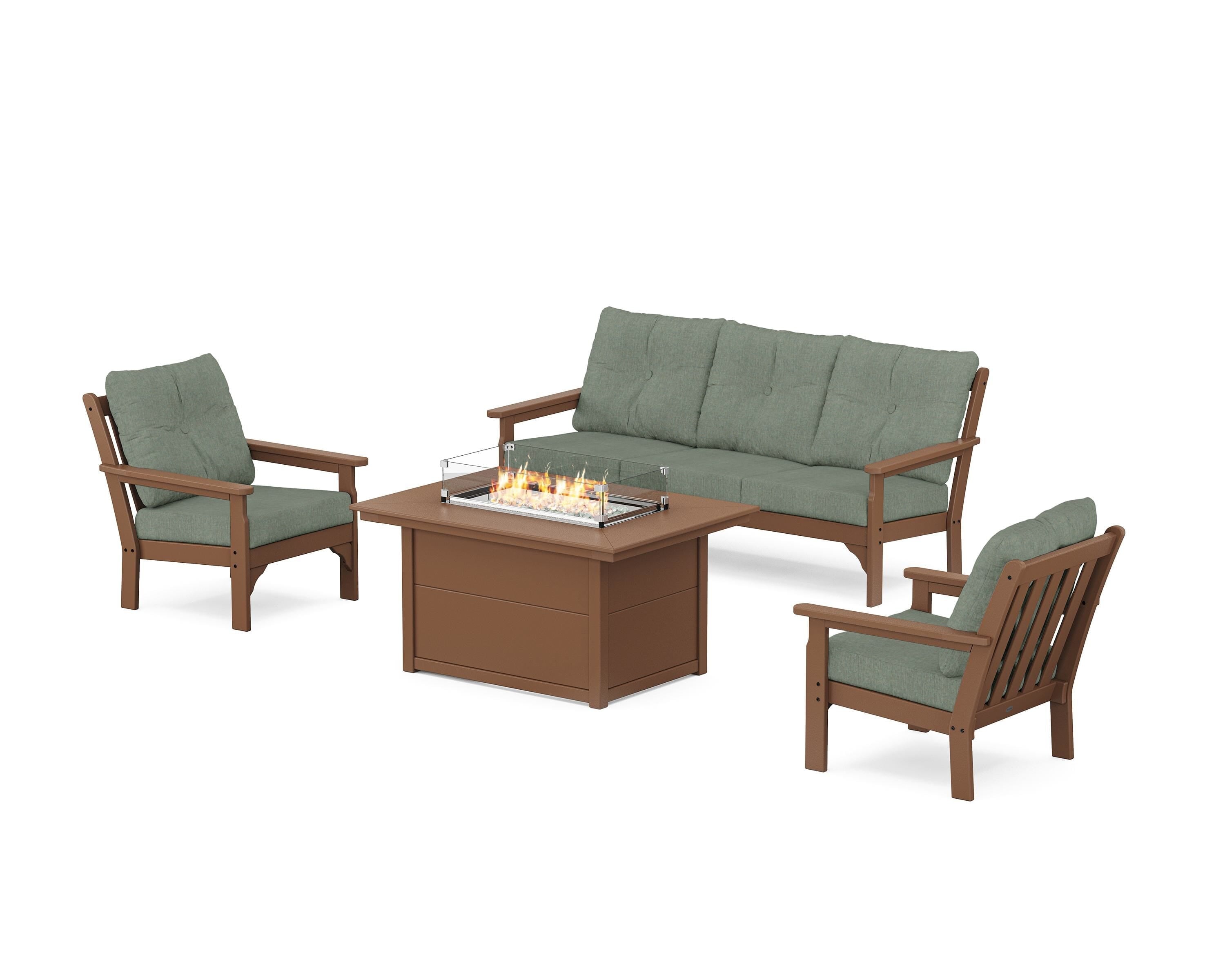 POLYWOOD Vineyard Deep Seating Fire Pit Table Set in Teak / Cast Sage