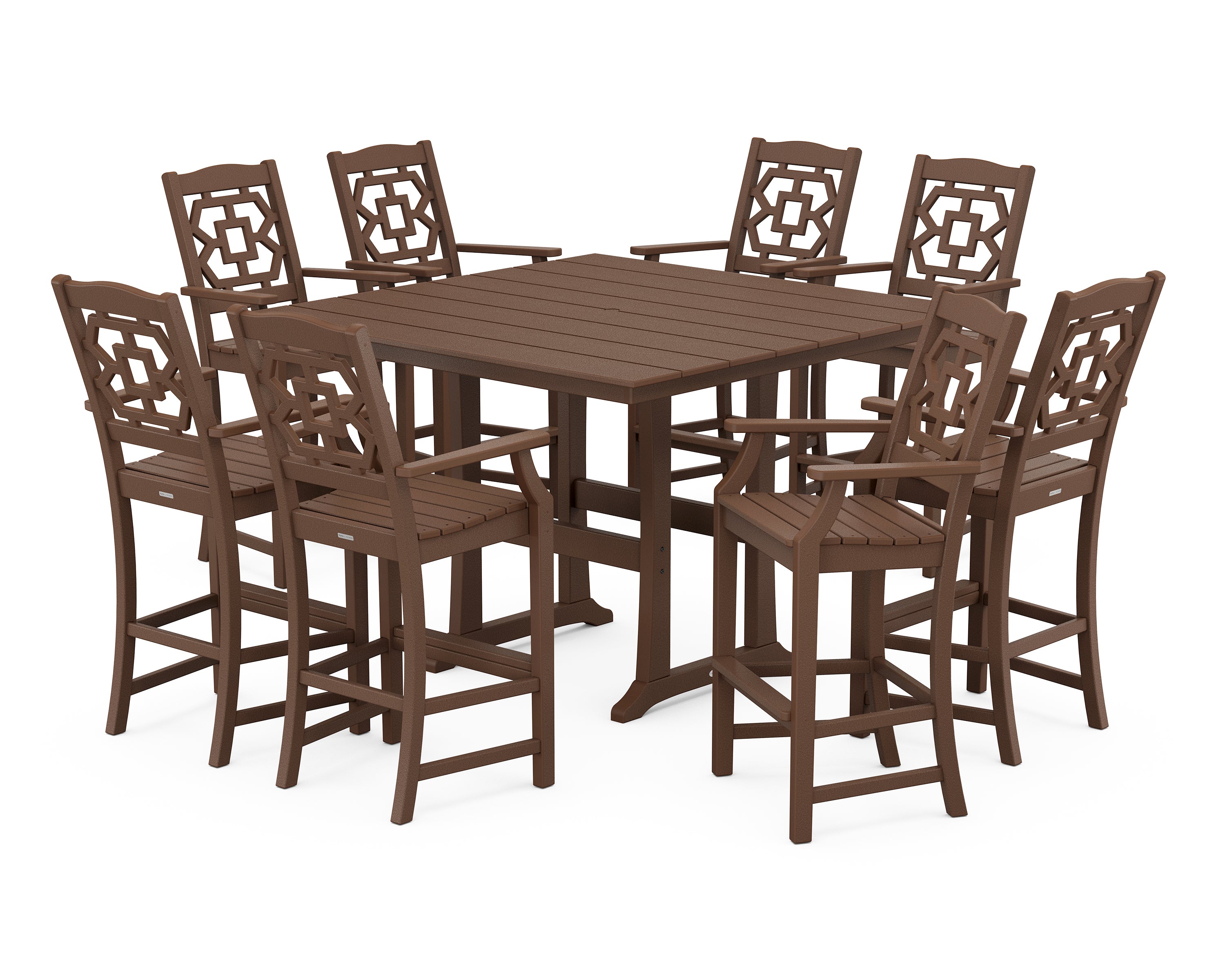 Martha Stewart by POLYWOOD® Chinoiserie 9-Piece Square Farmhouse Bar Set with Trestle Legs in Mahogany