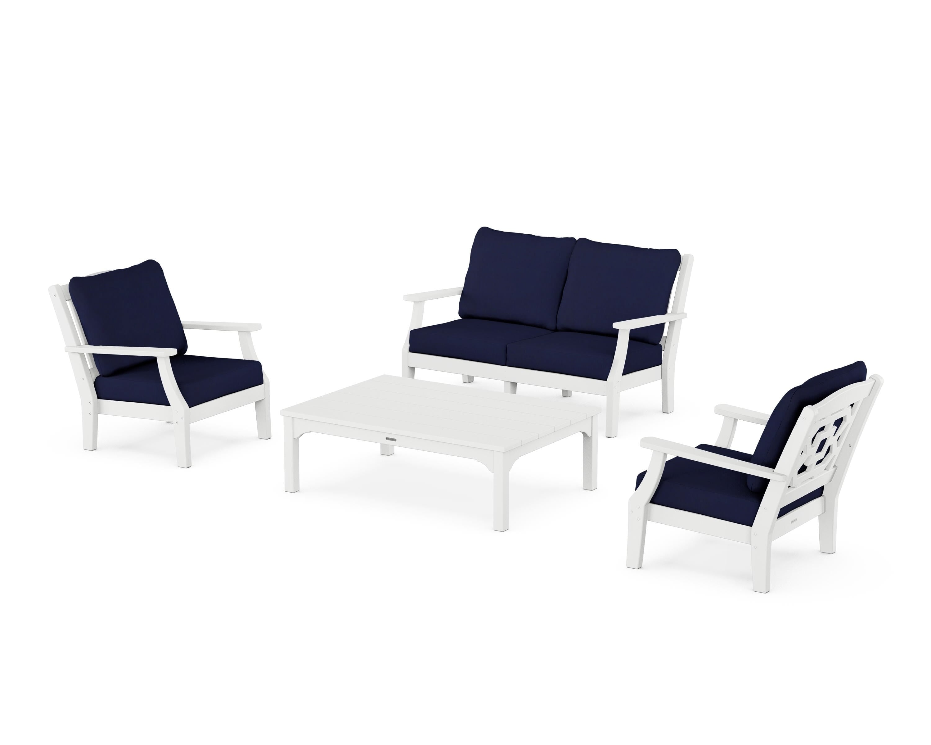Martha Stewart by POLYWOOD Chinoiserie 4-Piece Deep Seating Set with Loveseat in White / Navy