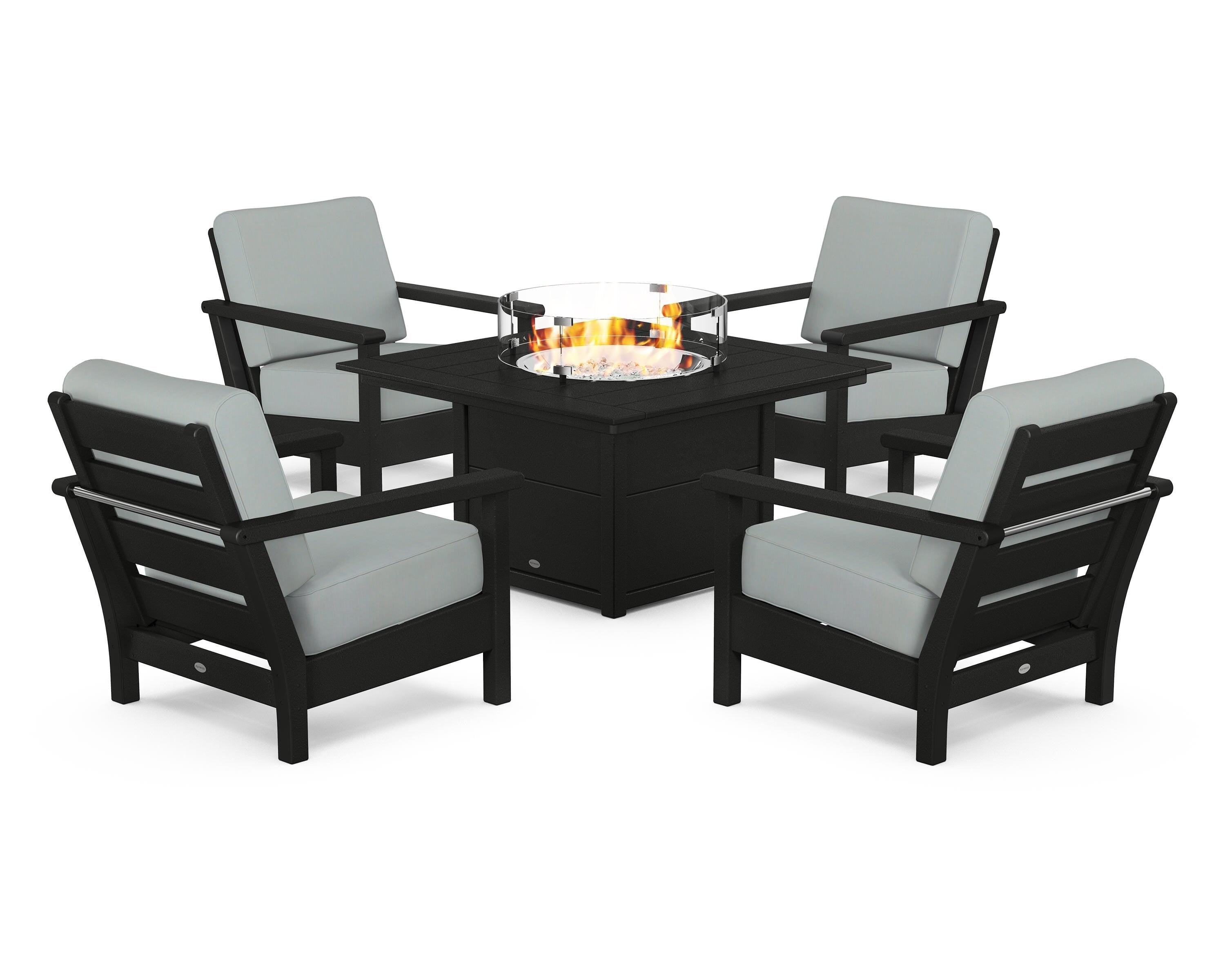POLYWOOD Harbour 5-Piece Conversation Set with Fire Pit Table in Black / Spa