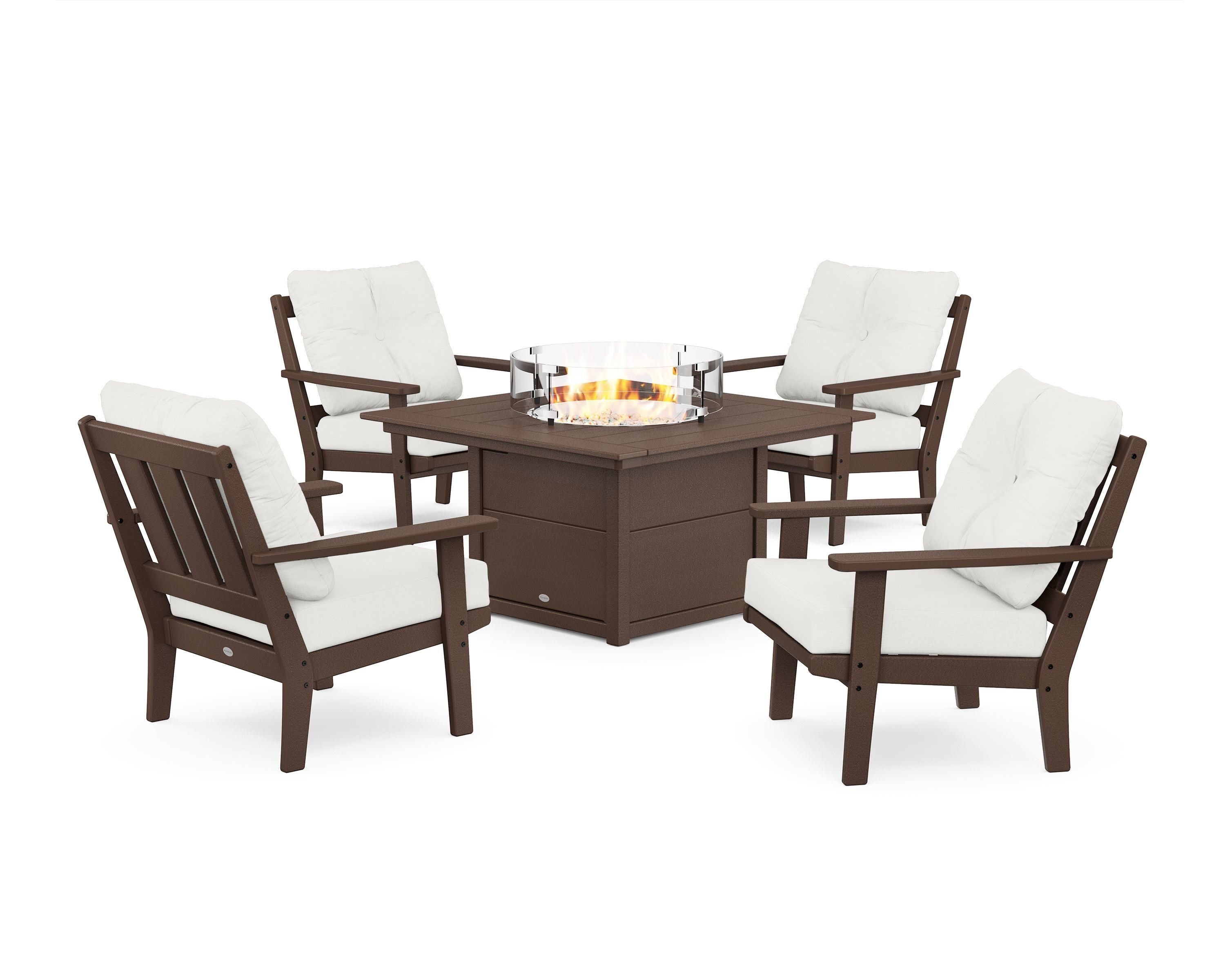 POLYWOOD Oxford 5-Piece Deep Seating Set with Fire Pit Table in Mahogany / Natural Linen
