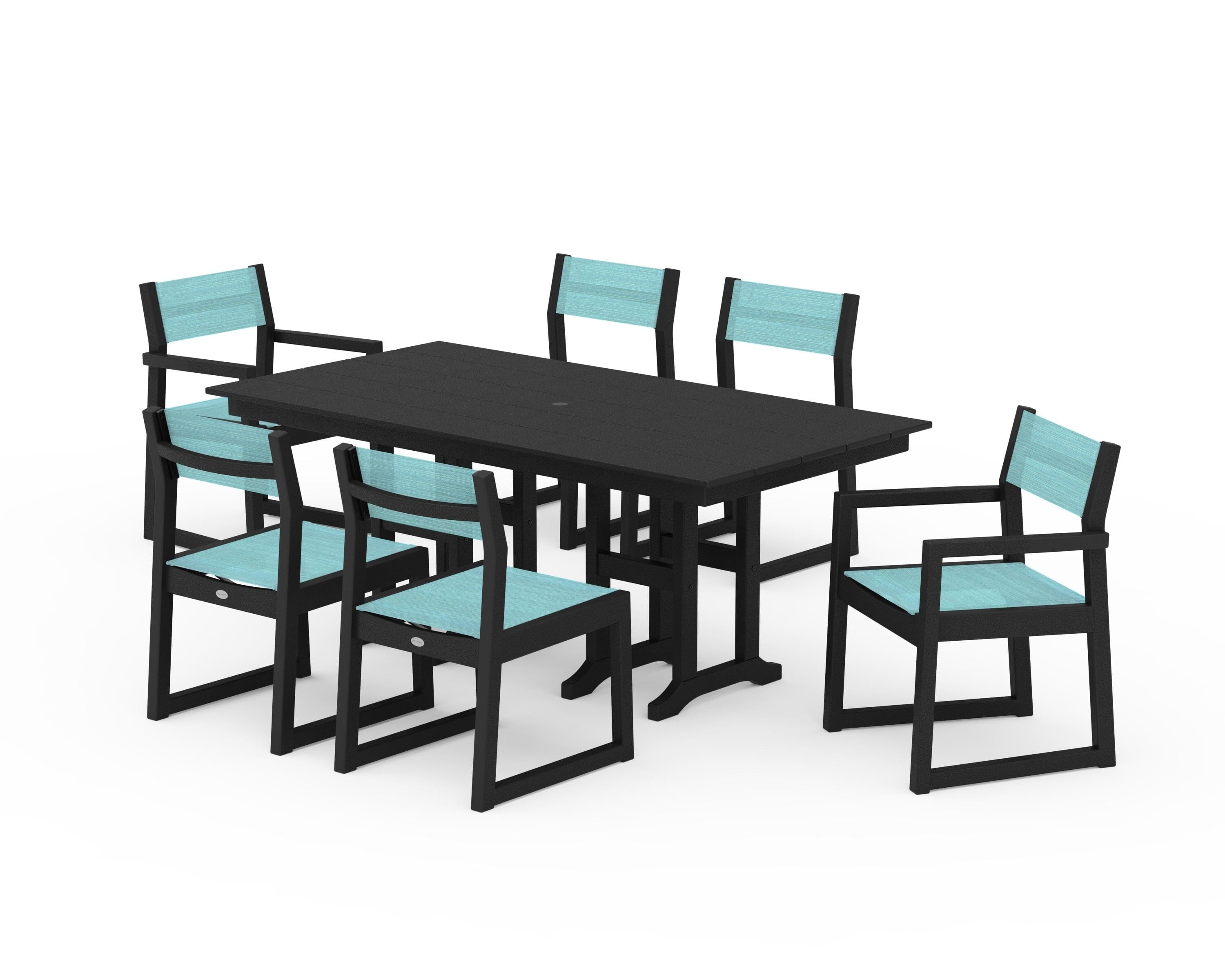 POLYWOOD EDGE Sling 7-Piece Farmhouse Dining Set in Black / Dupioni Aquamarine Sling