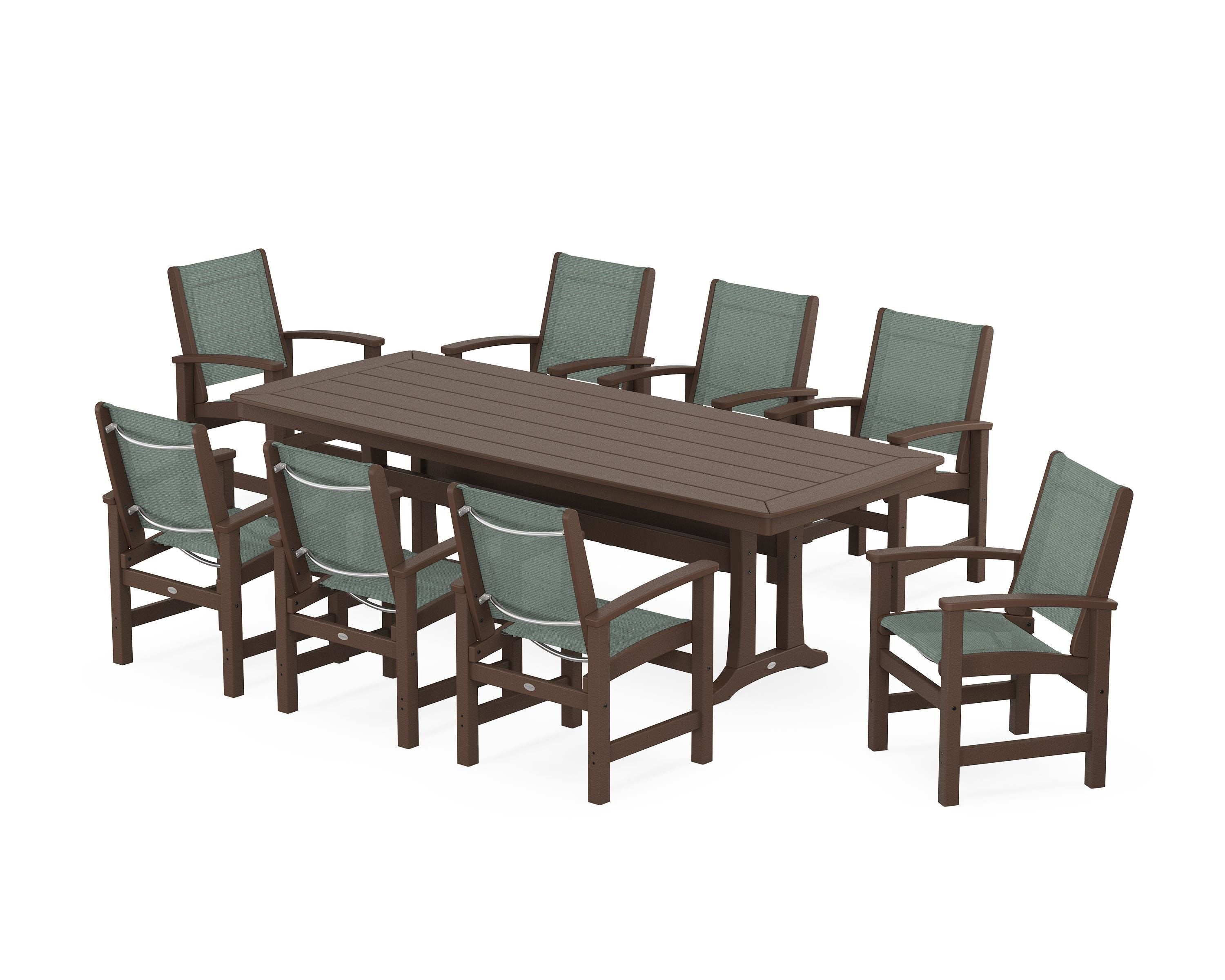 POLYWOOD Coastal 9-Piece Dining Set with Trestle Legs in Mahogany / Dupioni Sea Mist Sling