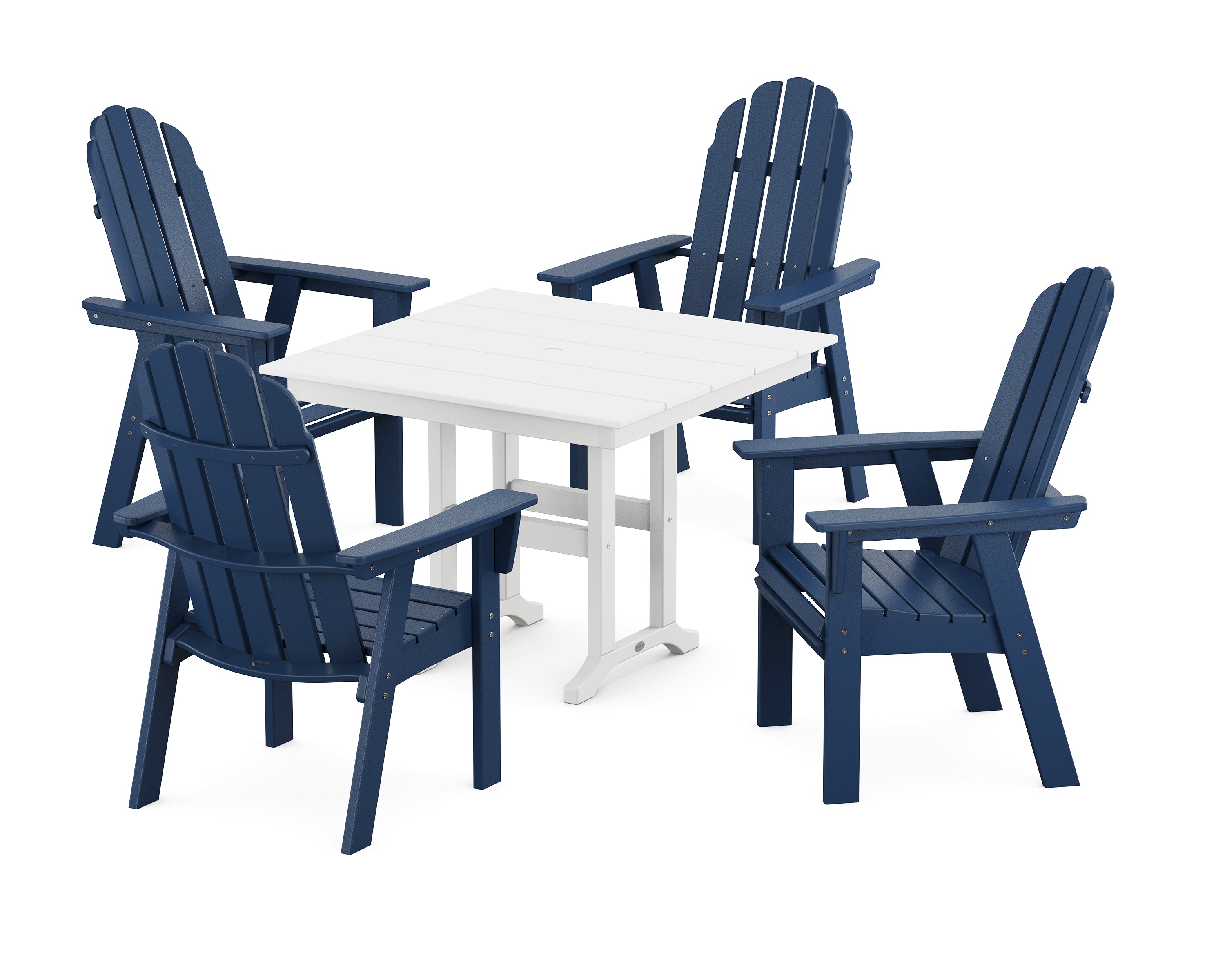 POLYWOOD® Vineyard Curveback Adirondack 5-Piece Farmhouse Dining Set in Navy / White