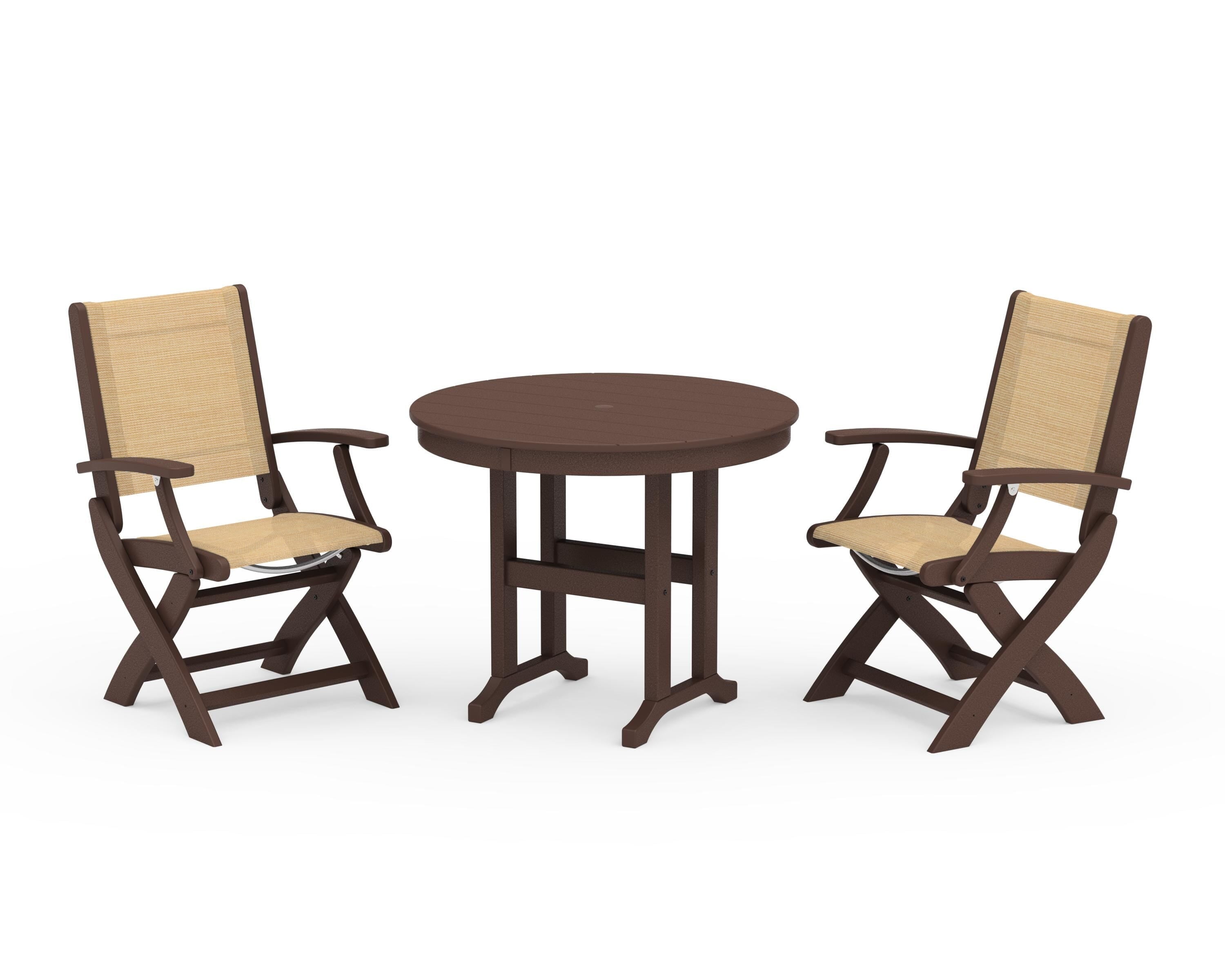 POLYWOOD Coastal Folding Chair 3-Piece Round Dining Set in Mahogany / Dupioni Apricot Sling