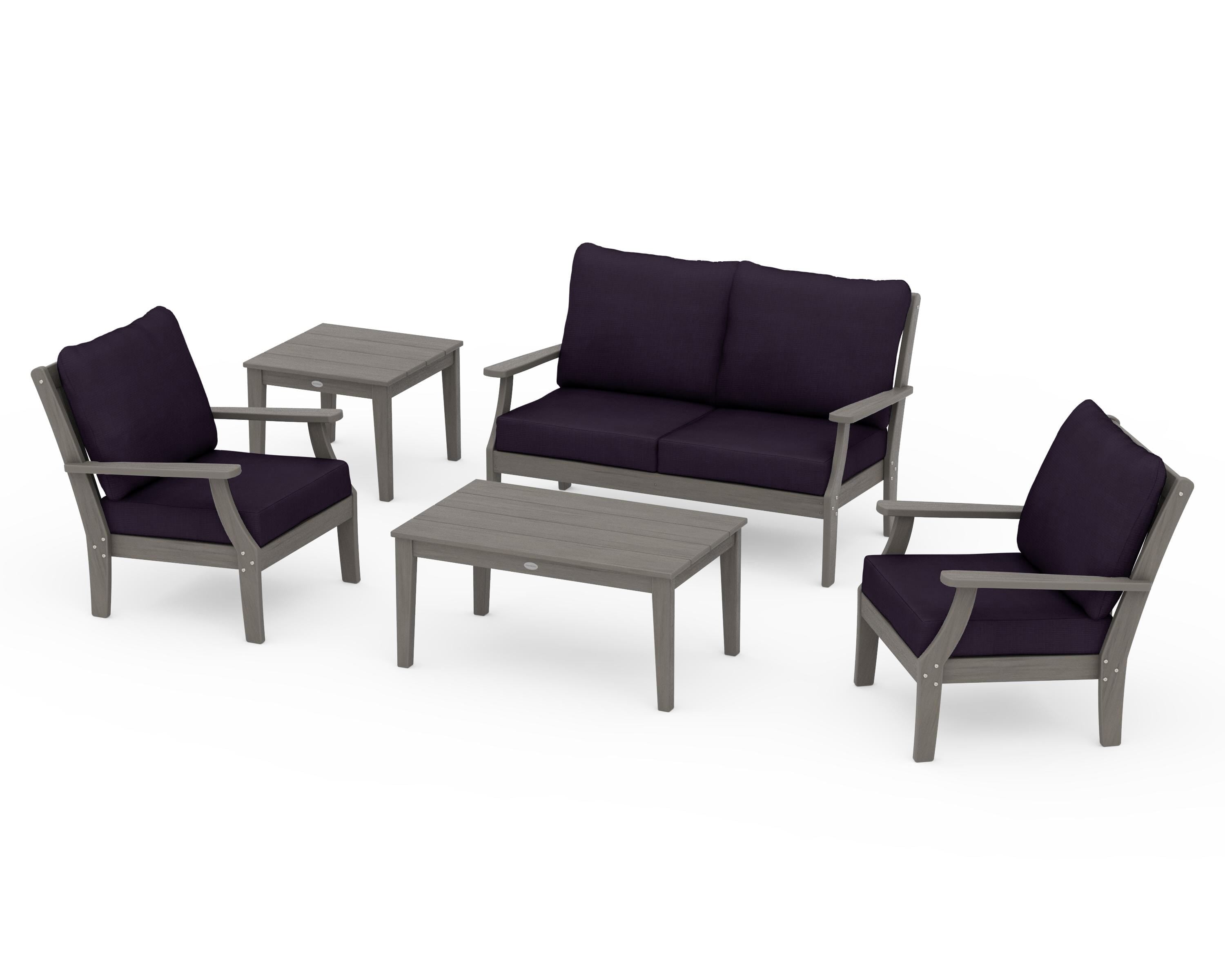 POLYWOOD Braxton 5-Piece Deep Seating Set in Driftwood / Navy Linen