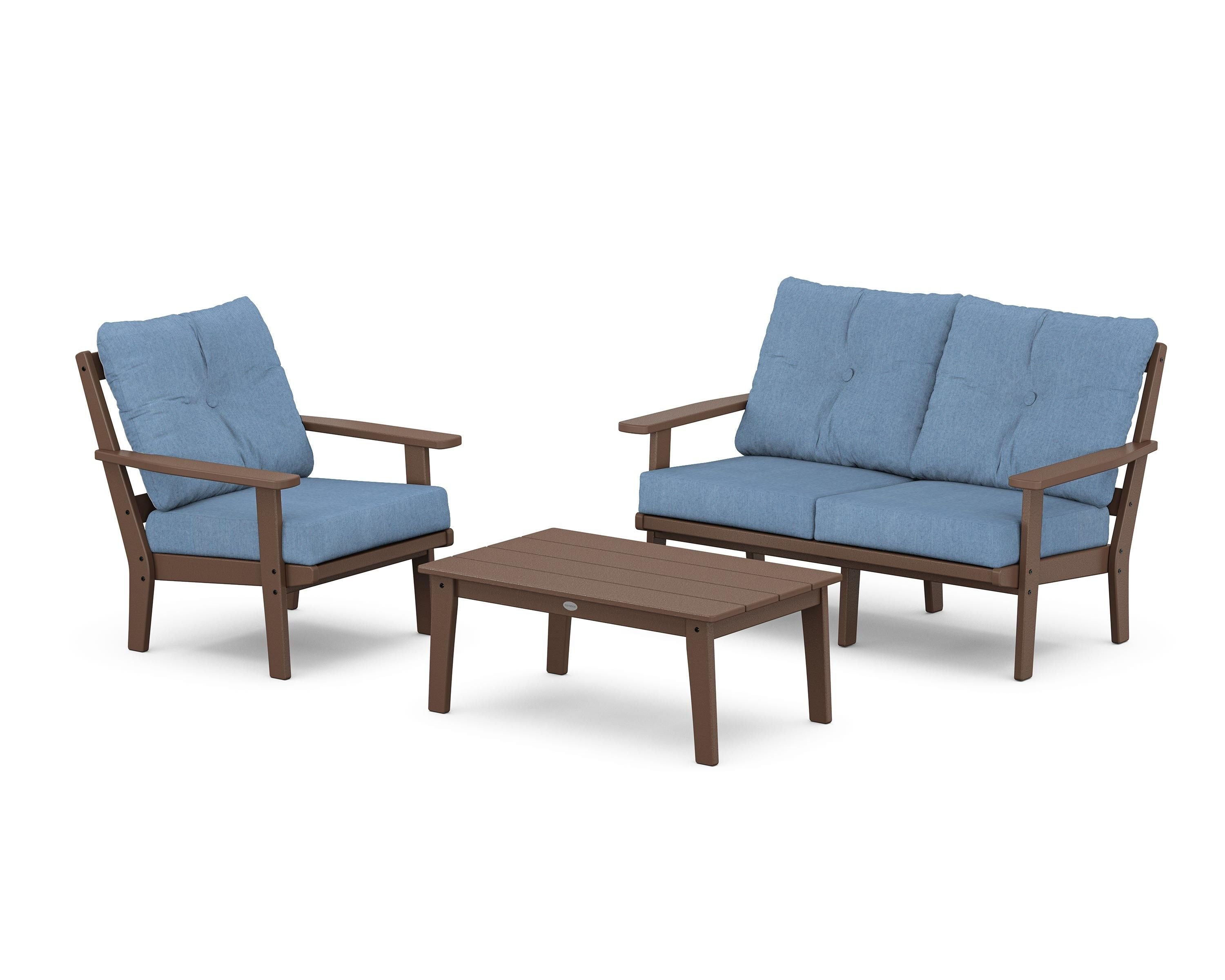 POLYWOOD Prairie 3-Piece Deep Seating Set with Loveseat in Mahogany / Sky Blue