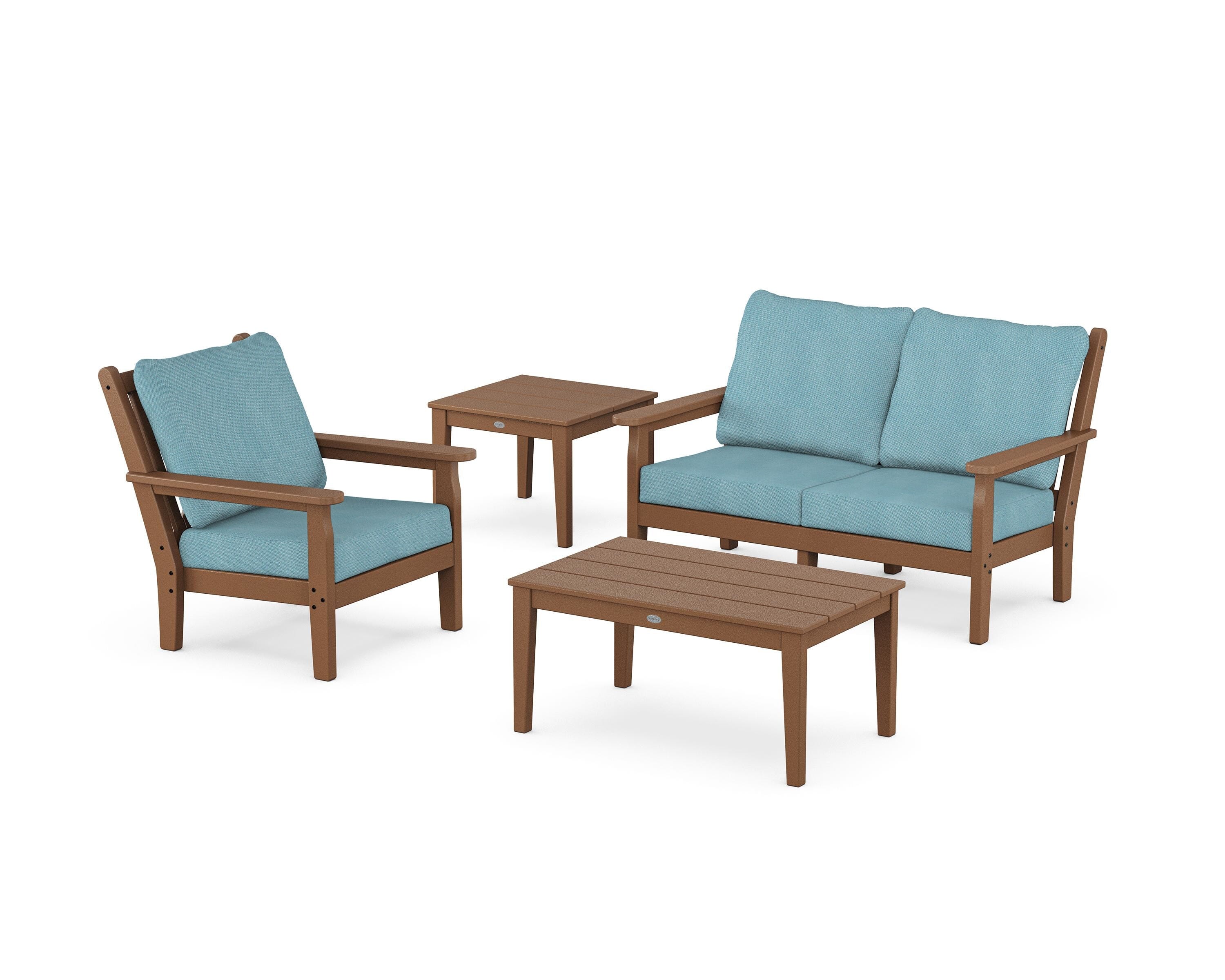 POLYWOOD Chippendale 4-Piece Deep Seating Set in Teak / Lattice Sky Blue