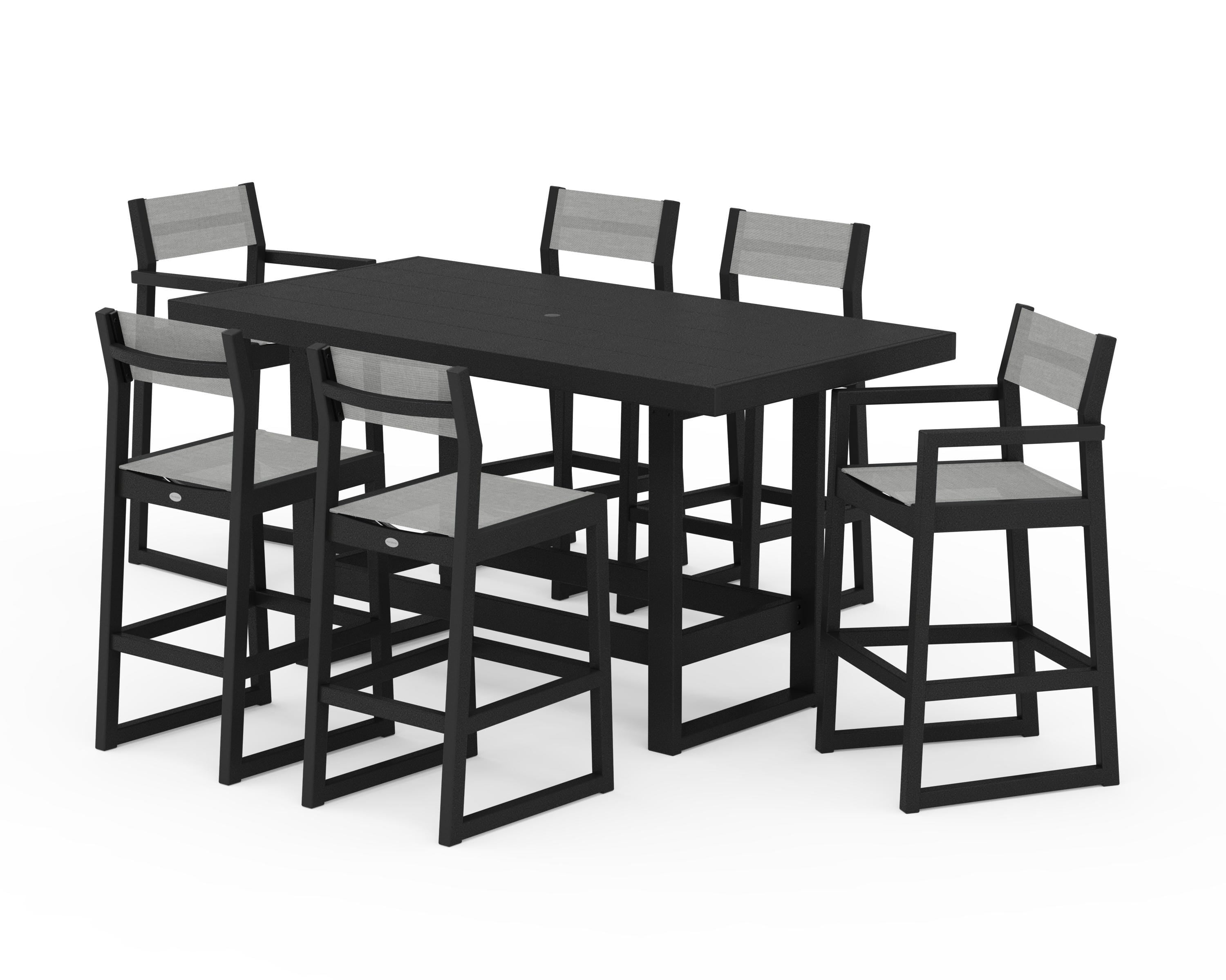 POLYWOOD EDGE Sling 7-Piece Bar Table Set in Black / Metallic Sling