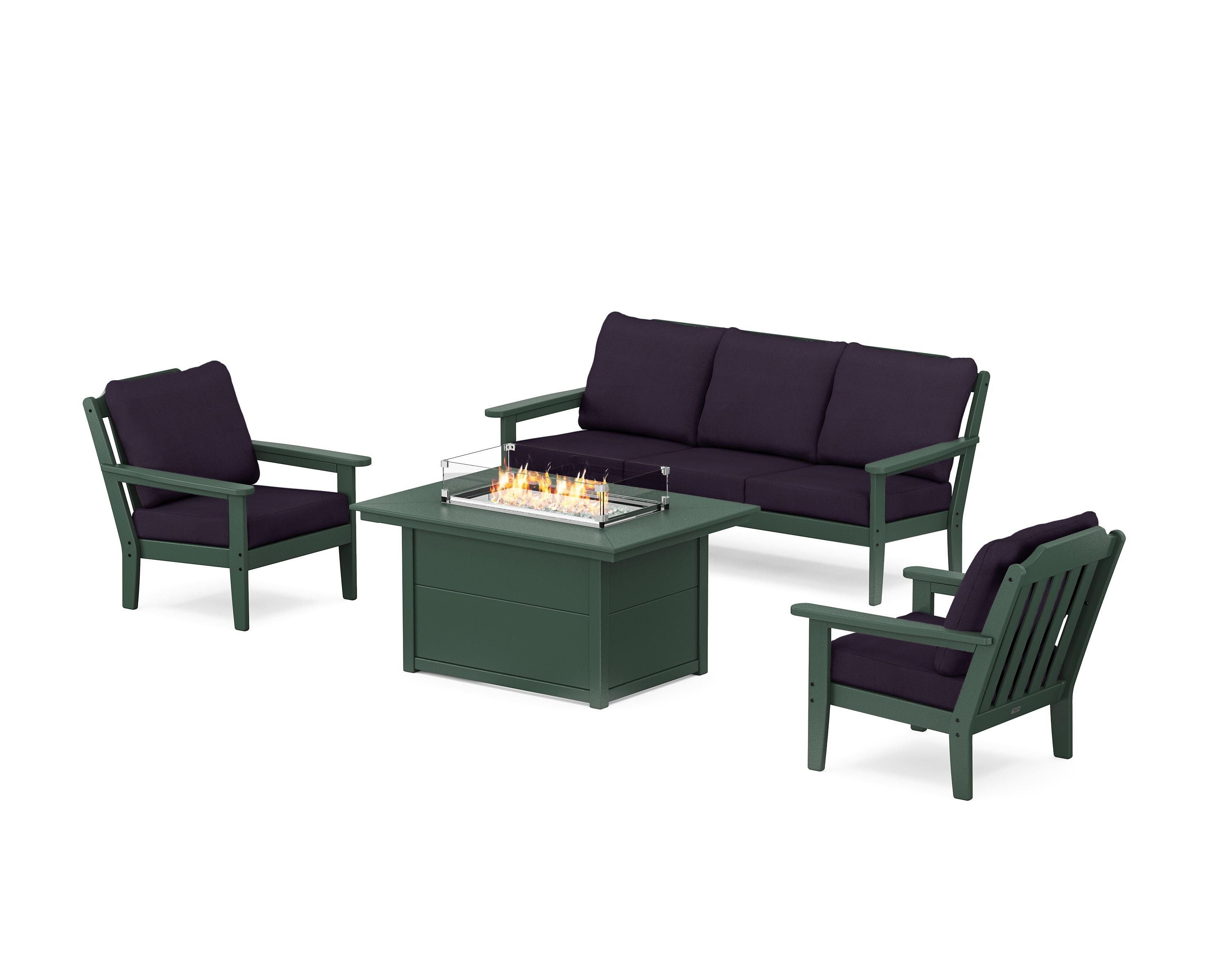 Country Living Cottage Deep Seating Fire Pit Table Set in Green / Navy Linen