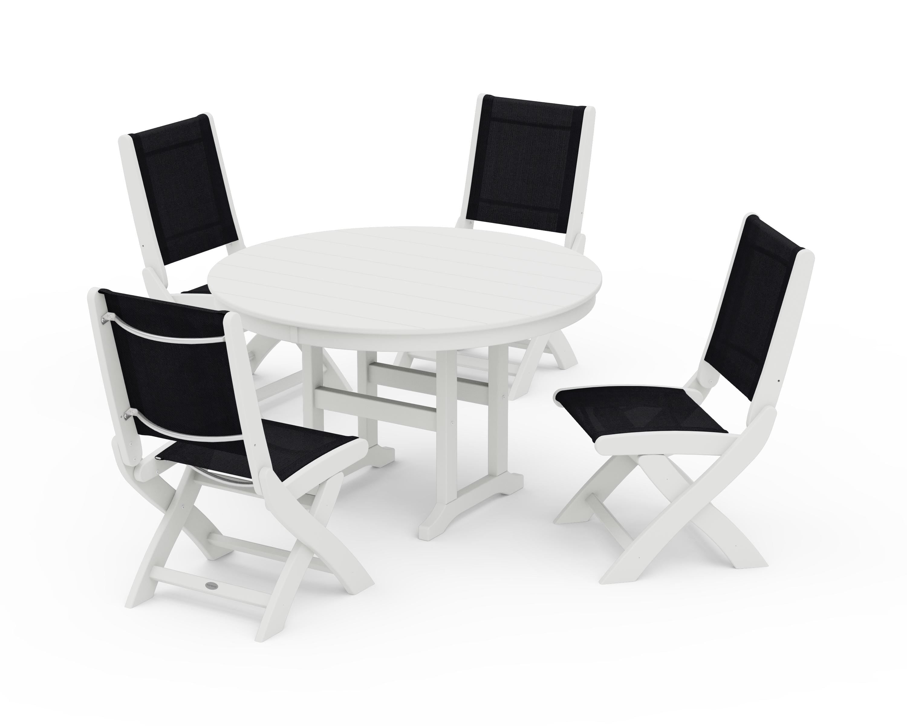 POLYWOOD Coastal Folding Side Chair 5-Piece Round Dining Set in Vintage White / Black Sling