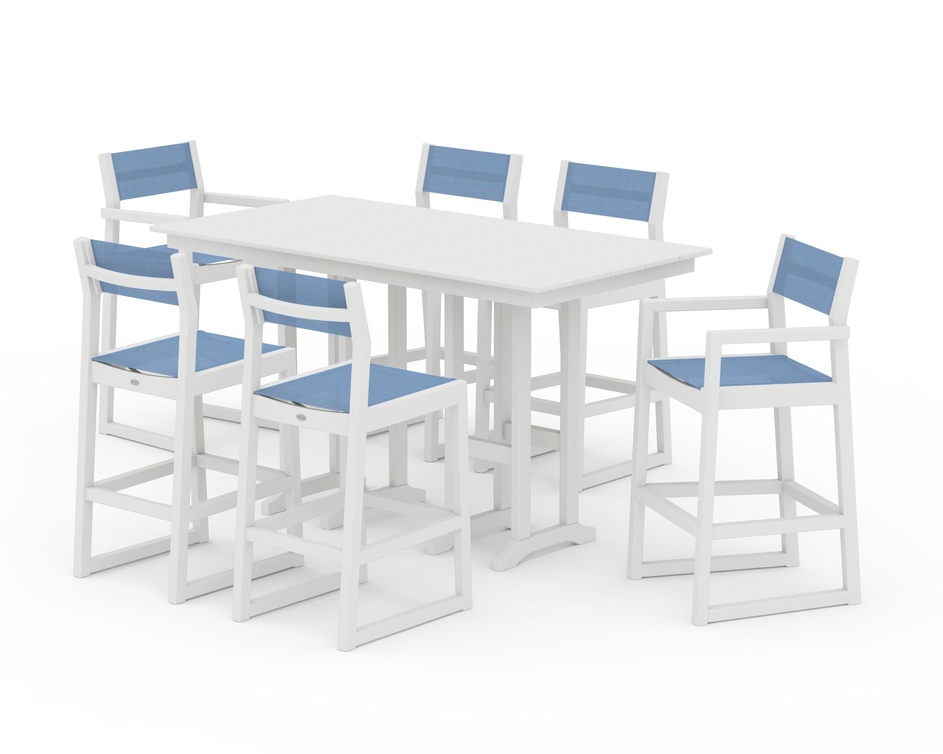 POLYWOOD EDGE Sling 7-Piece Farmhouse Bar Set in White / Poolside Sling