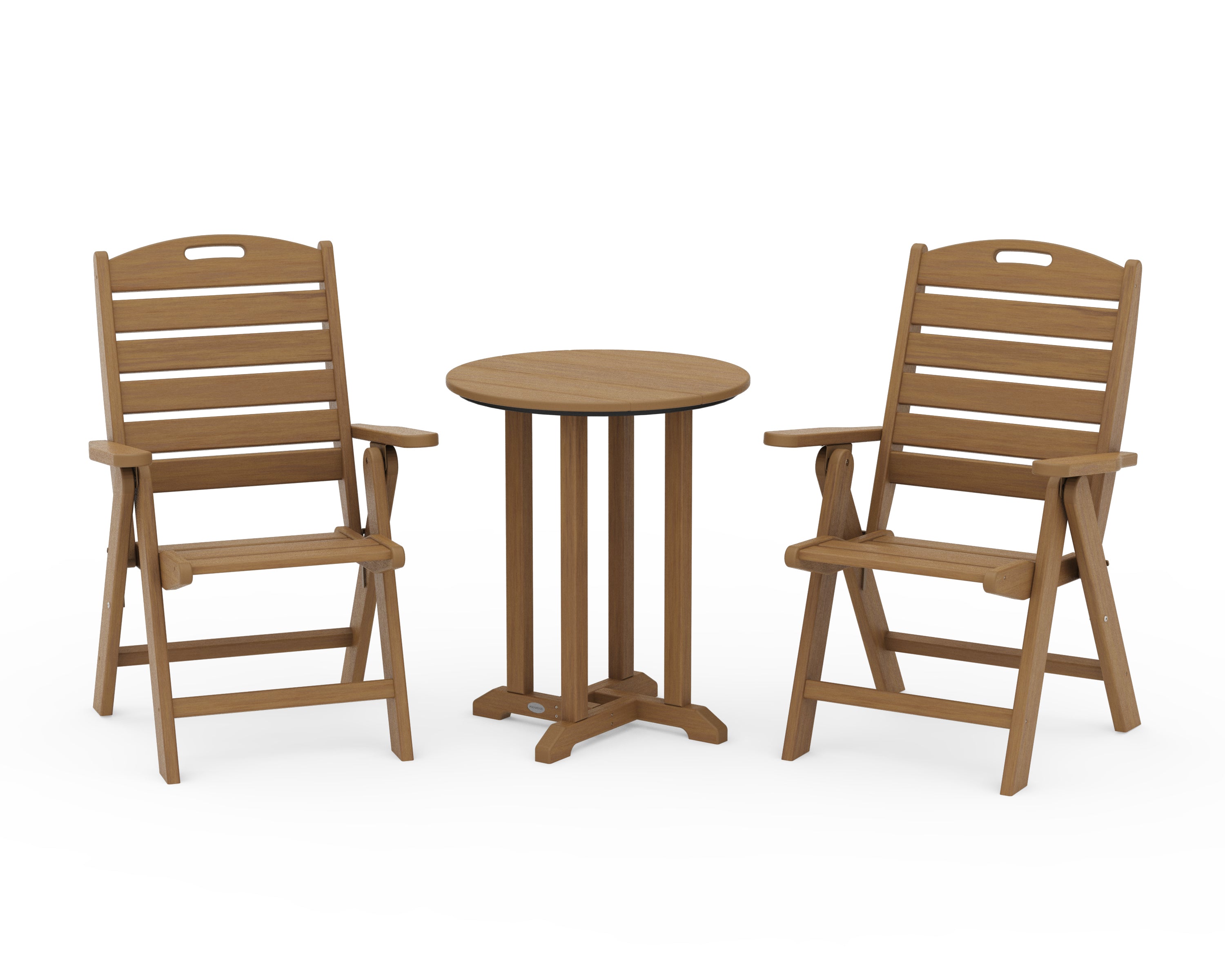 POLYWOOD Nautical Folding Highback Chair 3-Piece Round Bistro Dining Set in Natural