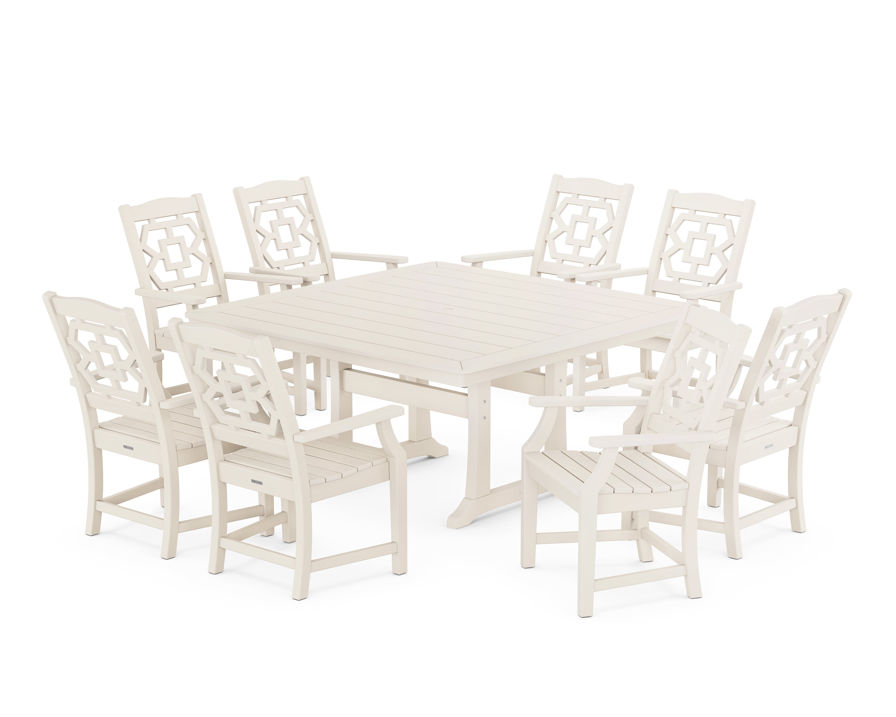 Martha Stewart by POLYWOOD® Chinoiserie 9-Piece Square Dining Set with Trestle Legs in Sand