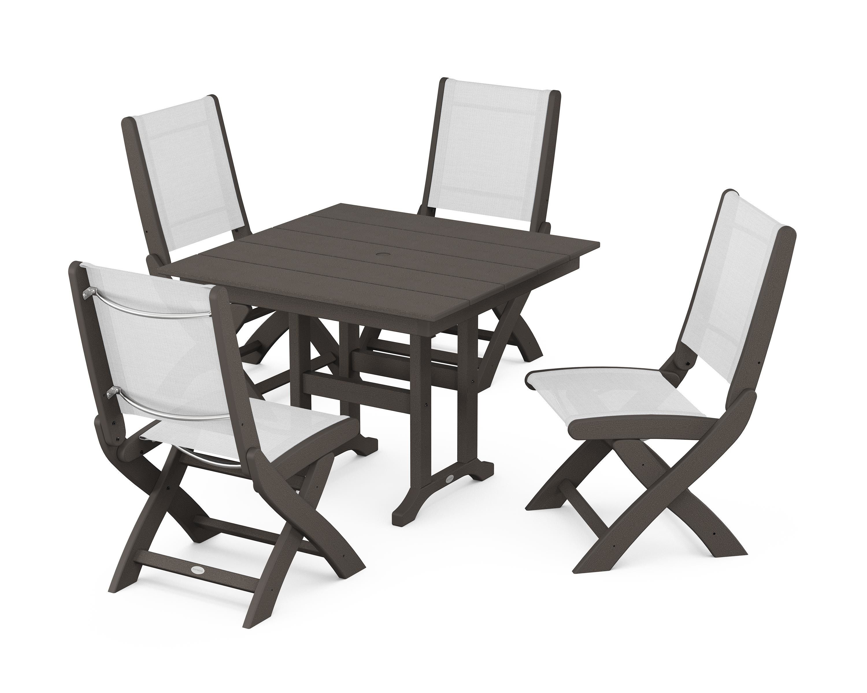 POLYWOOD Coastal Folding Side Chair 5-Piece Farmhouse Dining Set in Vintage Coffee / White Sling