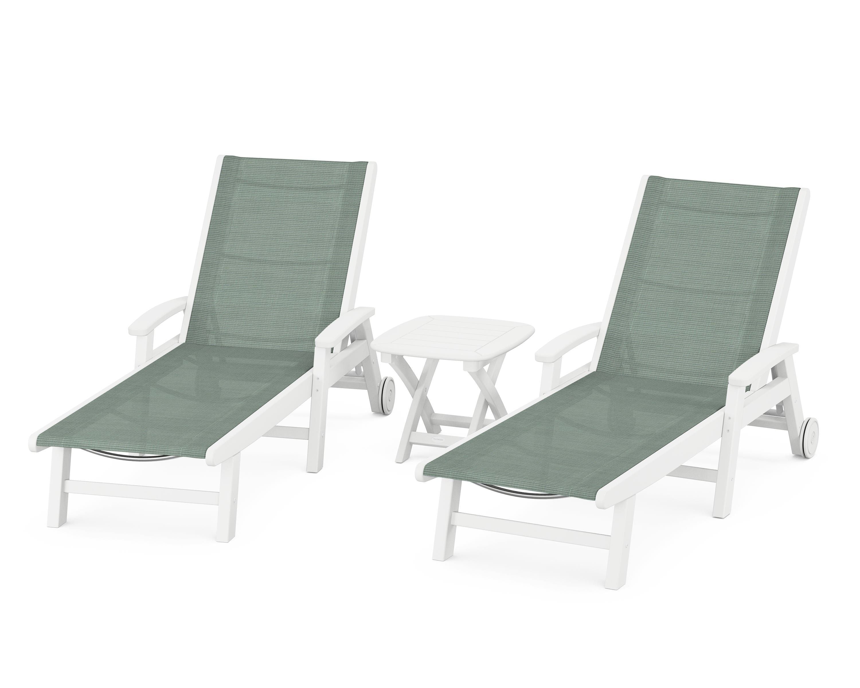 POLYWOOD Coastal 3-Piece Wheeled Chaise Set in White / Dupioni Sea Mist Sling