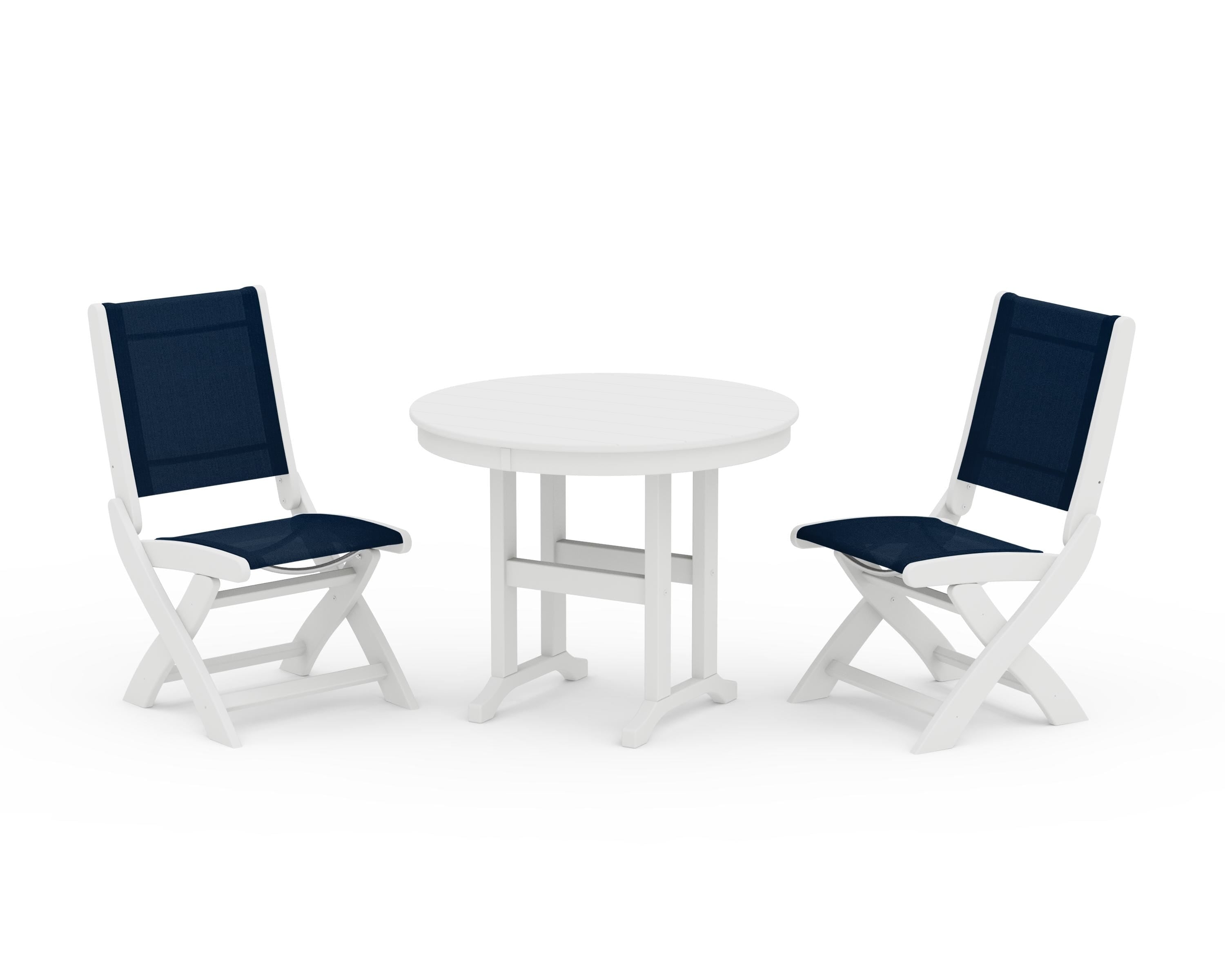 POLYWOOD Coastal Folding Side Chair 3-Piece Round Dining Set in White / Navy Blue Sling