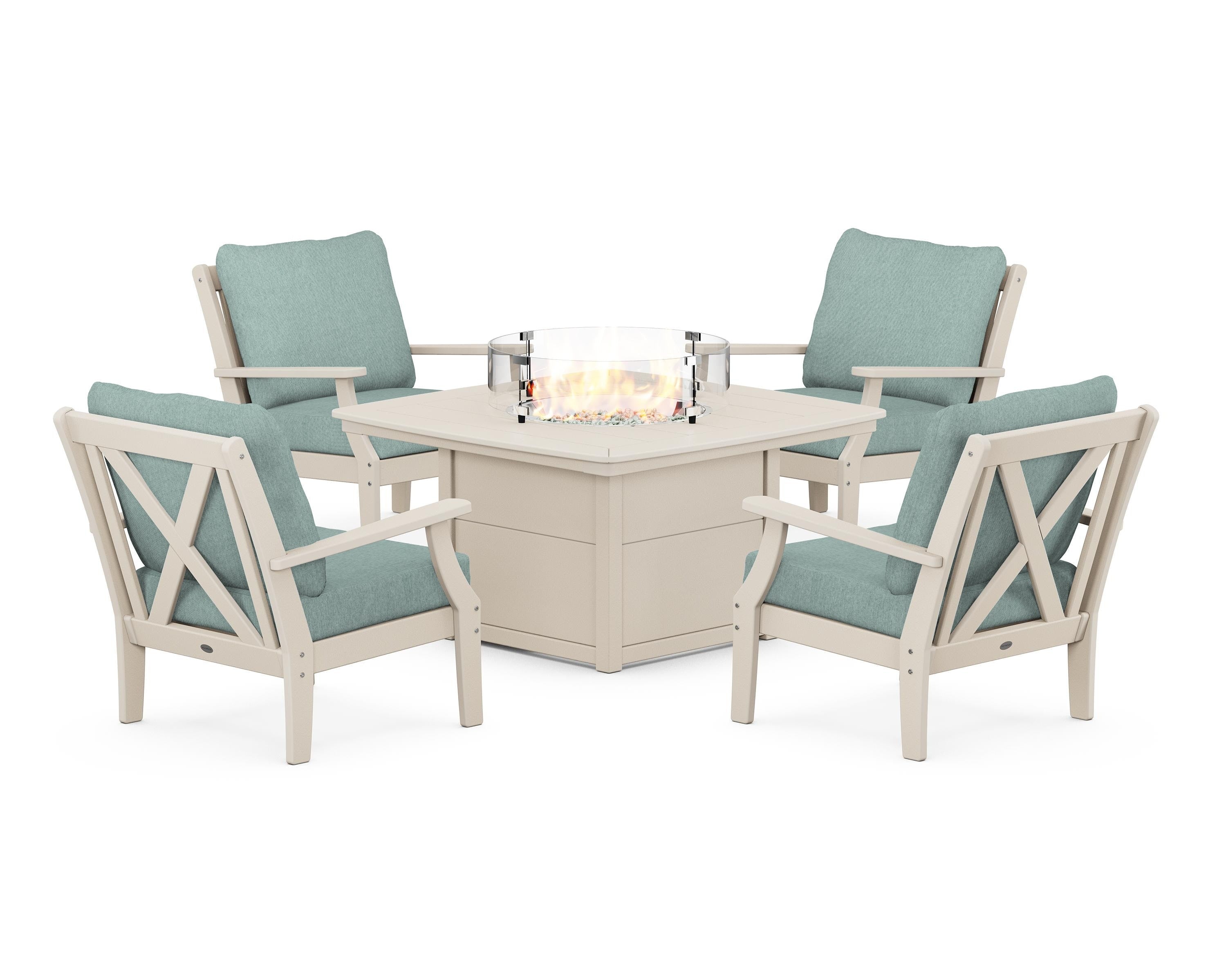 POLYWOOD Braxton 5-Piece Deep Seating Conversation Set with Fire Pit Table in Sand / Glacier Spa
