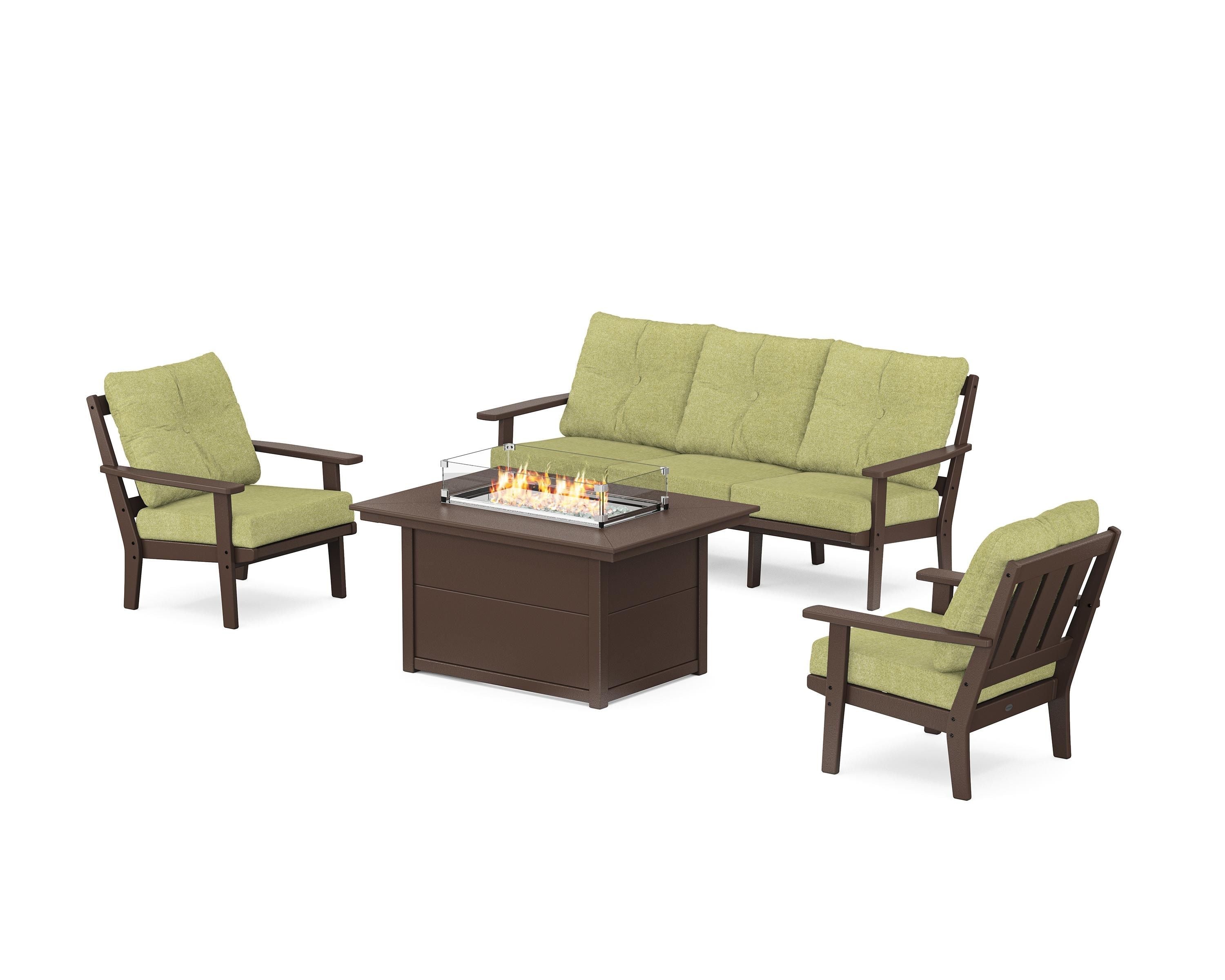 POLYWOOD Oxford Deep Seating Fire Pit Table Set in Mahogany / Chartreuse Boucle