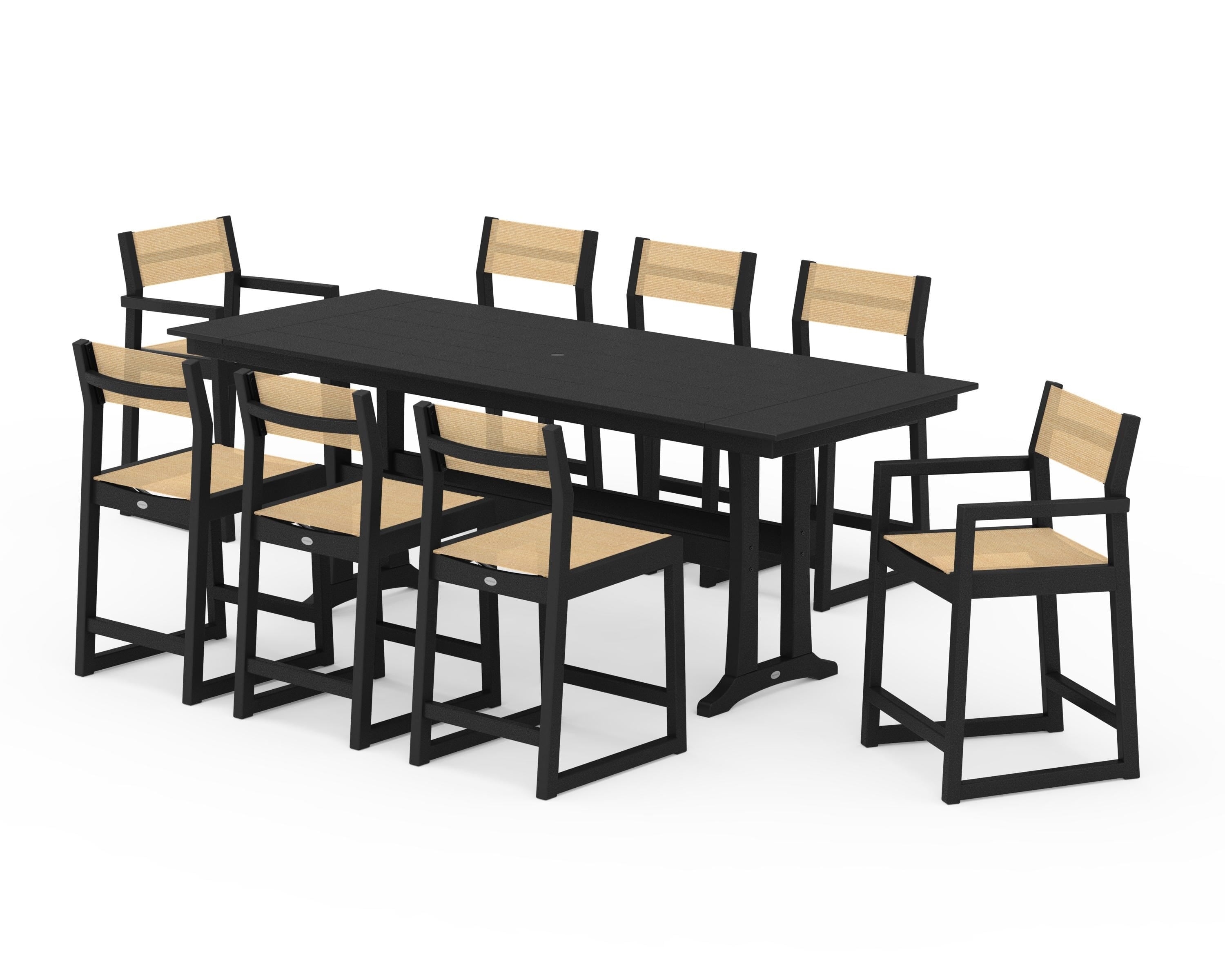 POLYWOOD EDGE Sling 9-Piece Farmhouse Counter Set with Trestle Legs in Black / Dupioni Apricot Sling