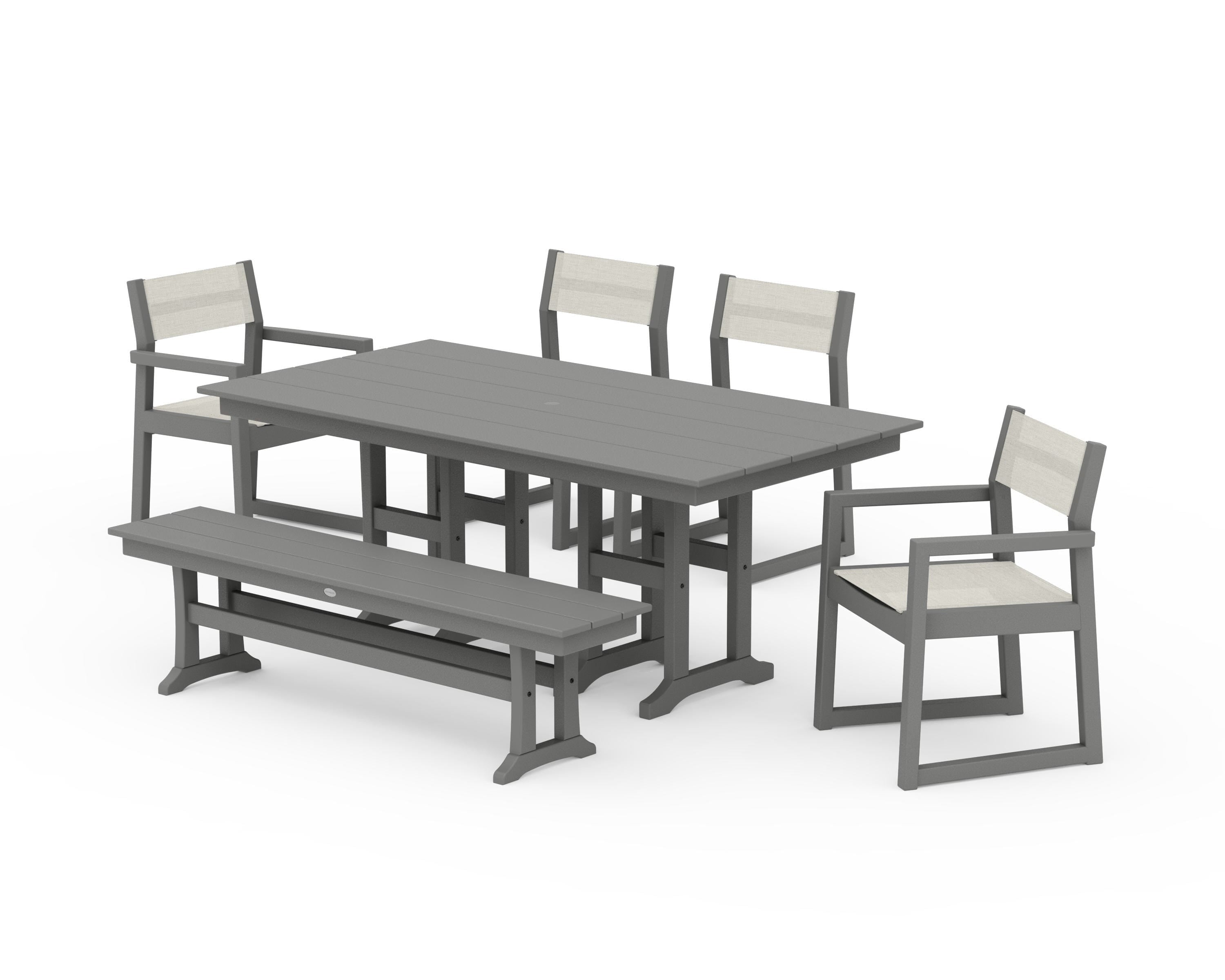 POLYWOOD EDGE Sling 6-Piece Farmhouse Dining Set in Slate Grey / Parchment Sling