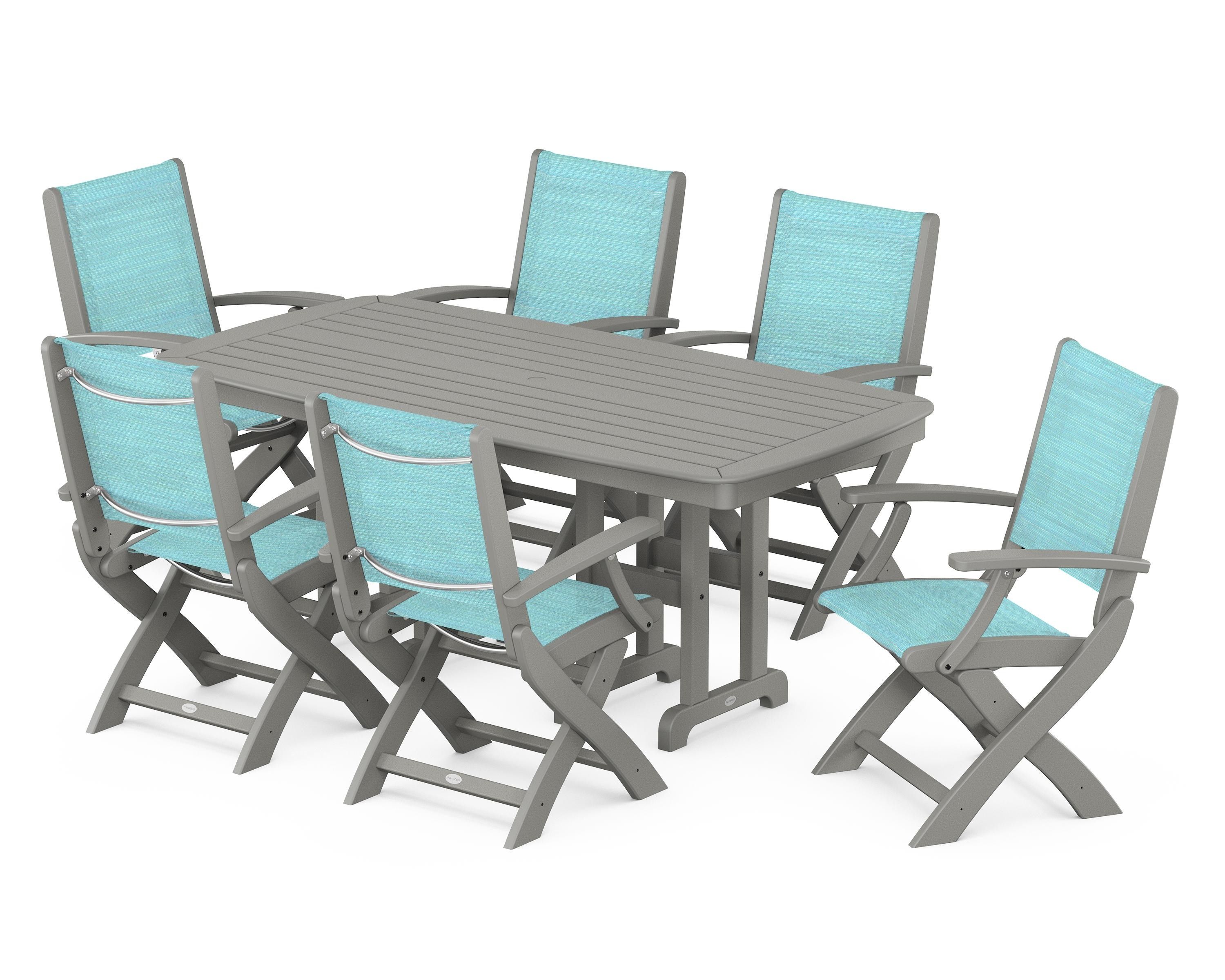 POLYWOOD Coastal Folding Arm Chair 7-Piece Dining Set in Slate Grey / Dupioni Aquamarine Sling