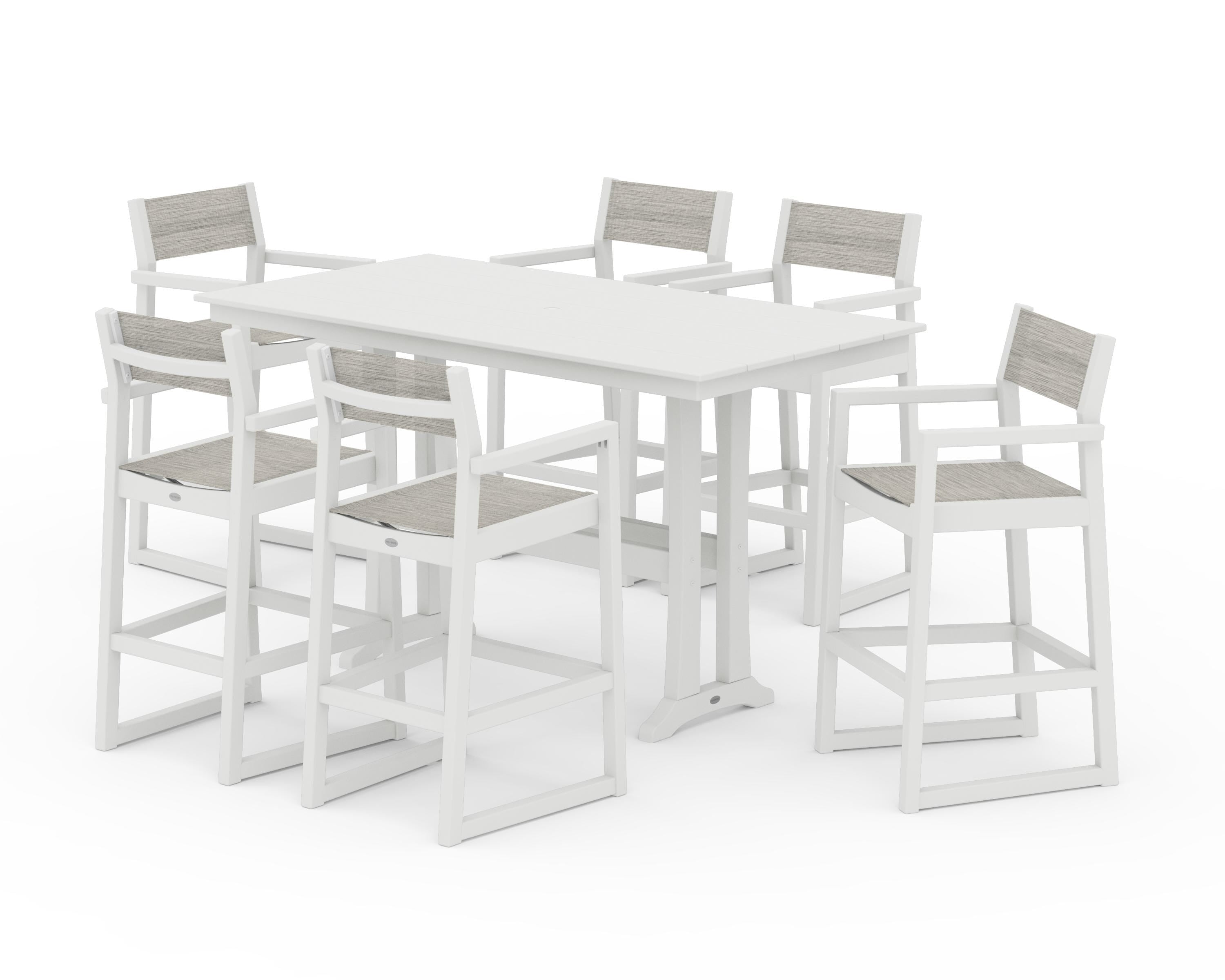 POLYWOOD EDGE Sling Arm Chair 7-Piece Farmhouse Bar Set with Trestle Legs in Vintage White / Birch Sling