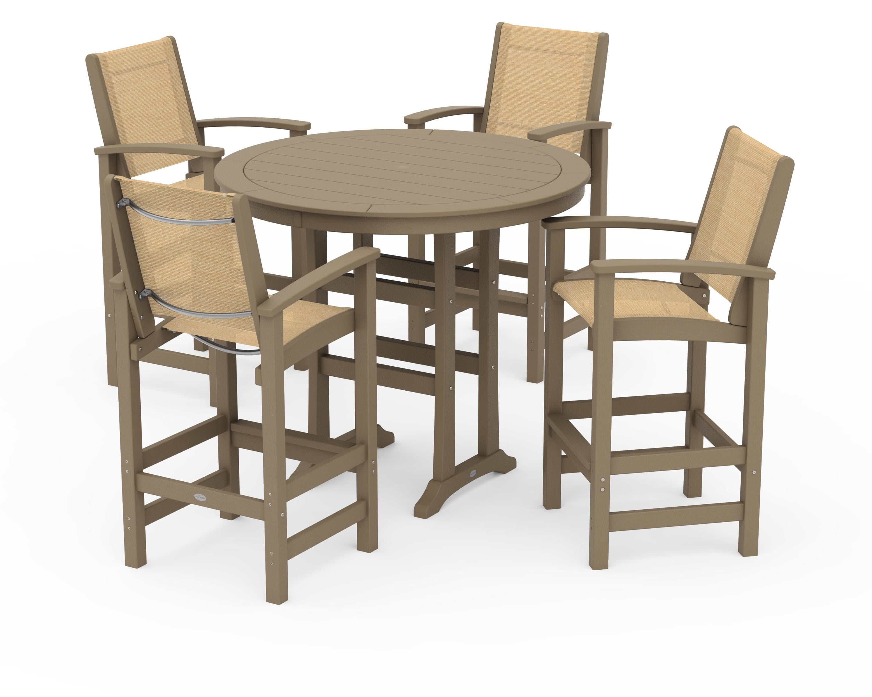 POLYWOOD Coastal 5-Piece Nautical Trestle Bar Set in Vintage Sahara / Dupioni Apricot Sling