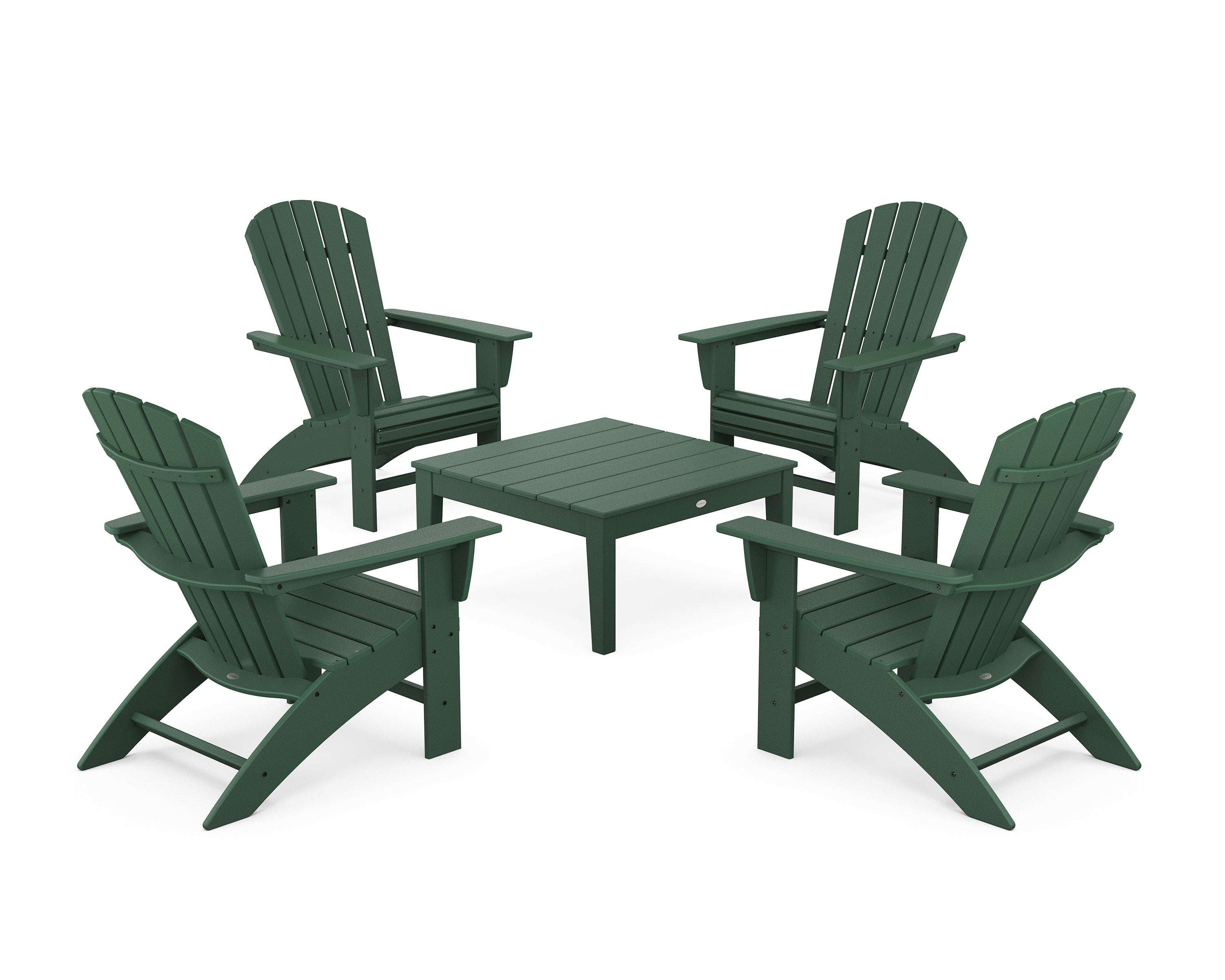 POLYWOOD® 5-Piece Nautical Curveback Adirondack Chair Conversation Set with 36" Conversation Table in Green
