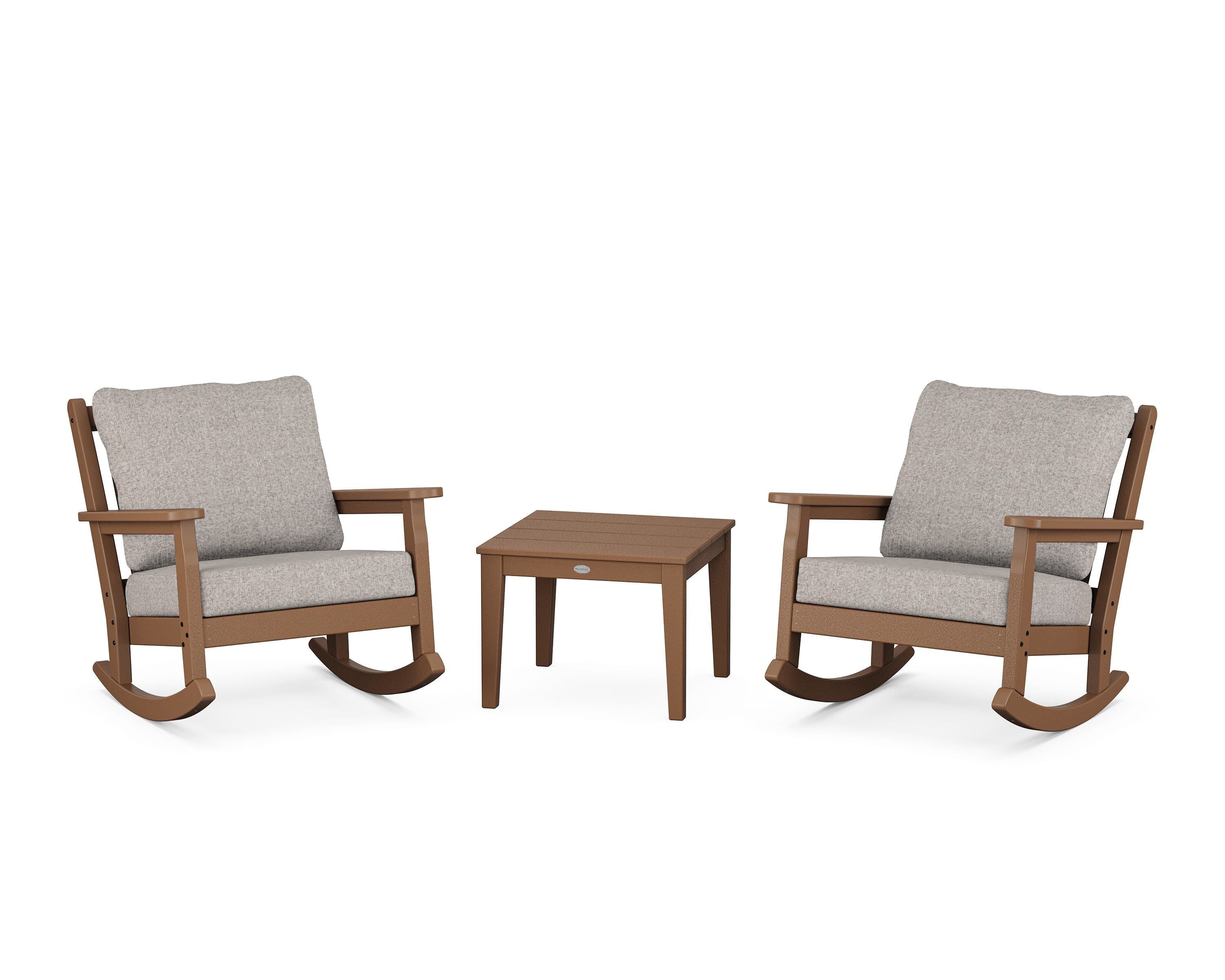 POLYWOOD Chippendale 3-Piece Deep Seating Rocker Set in Teak / Weathered Tweed