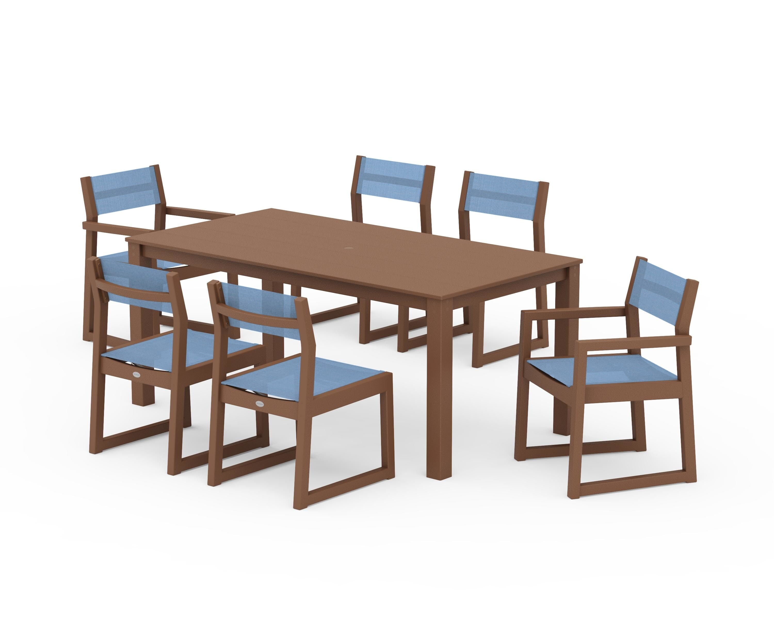 POLYWOOD EDGE Sling 7-Piece Parsons Dining Set in Teak / Poolside Sling