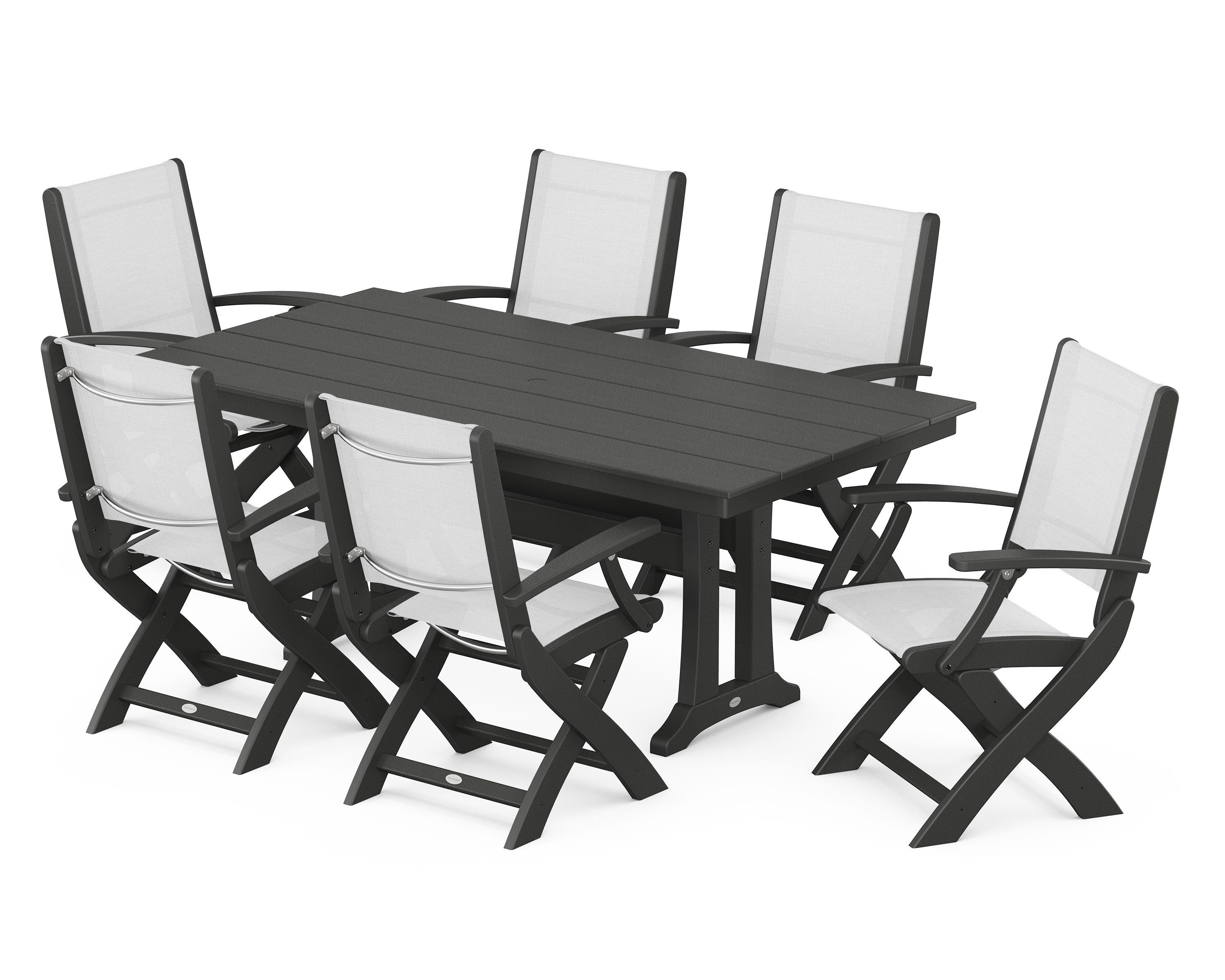 POLYWOOD Coastal Folding Arm Chair 7-Piece Farmhouse Dining Set with Trestle Legs in Black / White Sling