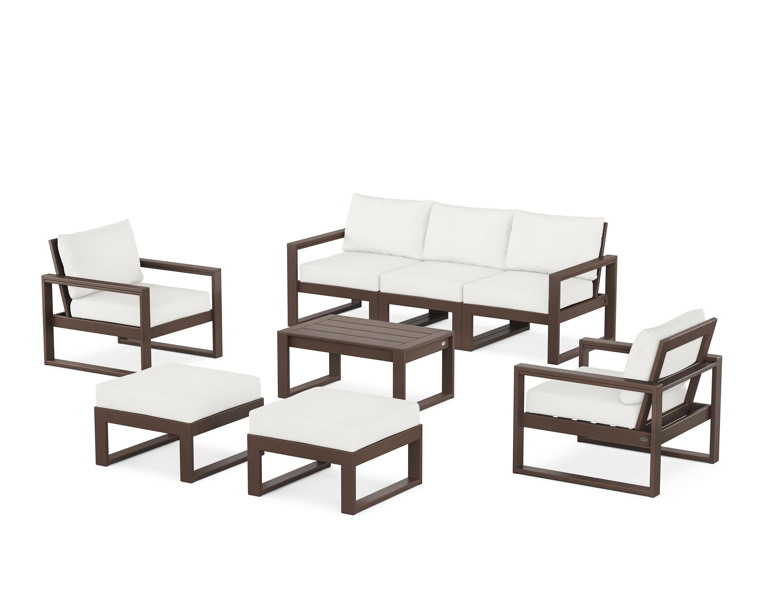 POLYWOOD EDGE Sectional 8-Piece Lounge Sofa Set in Mahogany / Natural Linen