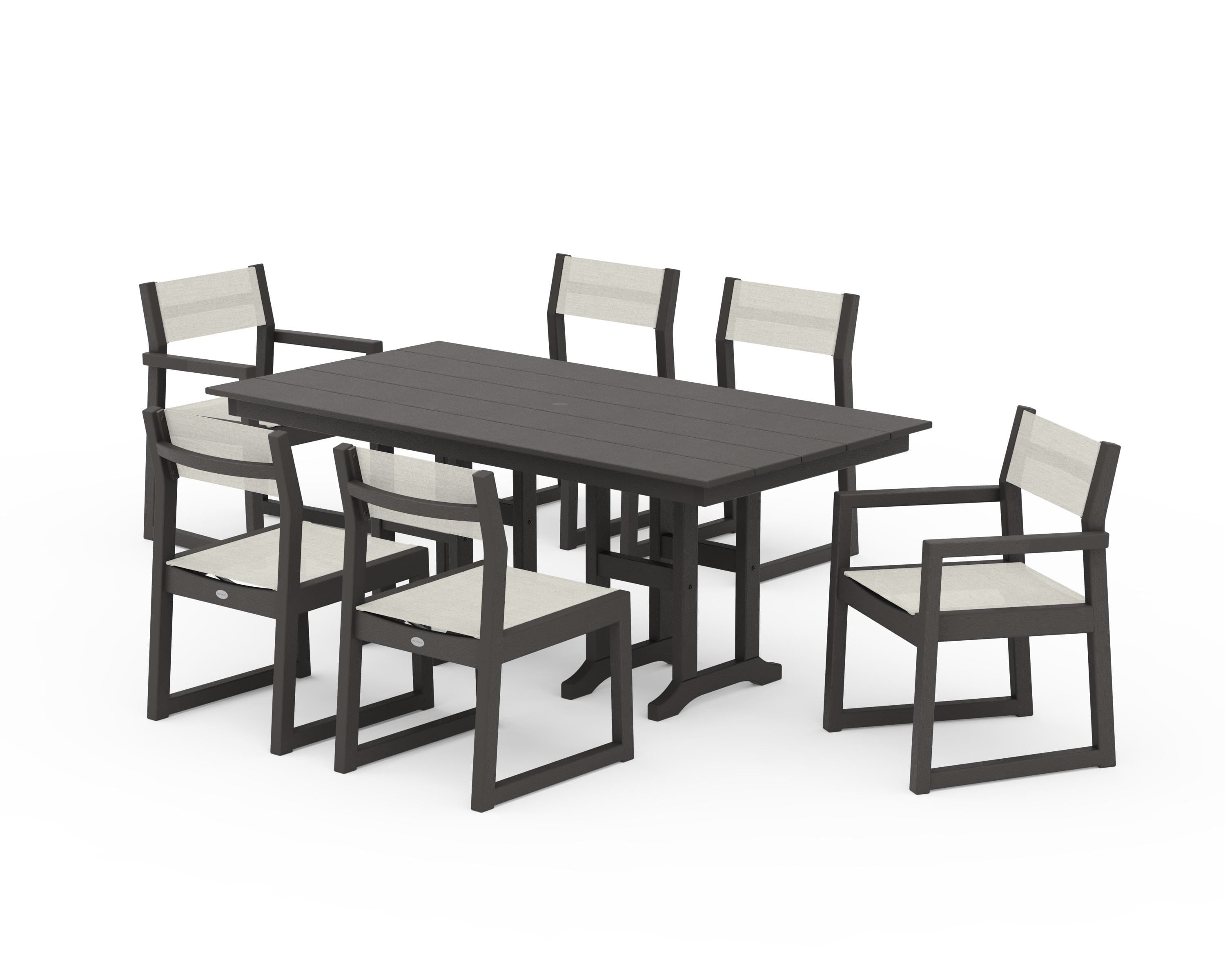 POLYWOOD EDGE Sling 7-Piece Farmhouse Dining Set in Vintage Coffee / Parchment Sling