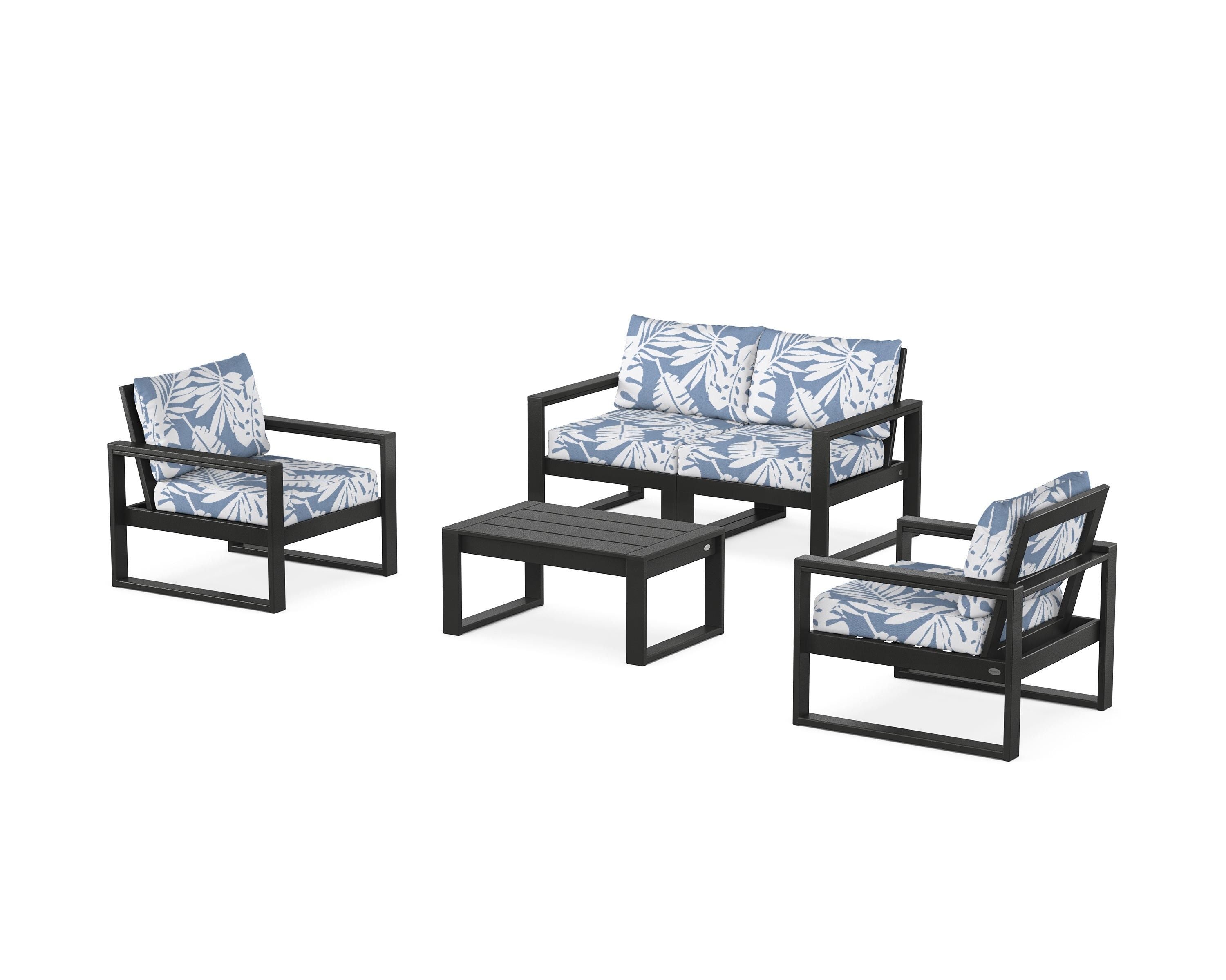 POLYWOOD EDGE Sectional 4-Piece Deep Seating Set with Loveseat in Black / Leaf Sky Blue