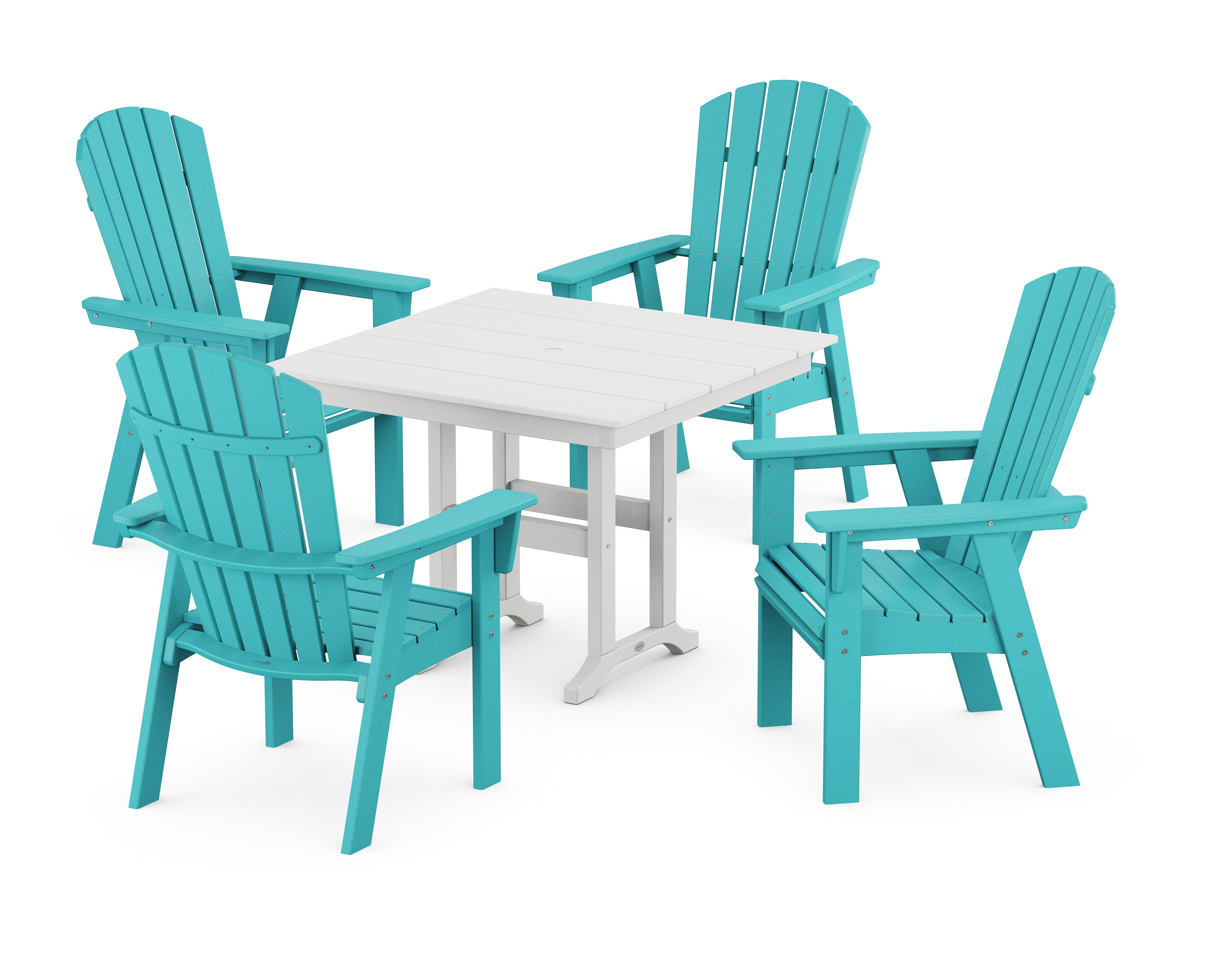 POLYWOOD® Nautical Curveback Adirondack 5-Piece Farmhouse Dining Set in Aruba / White