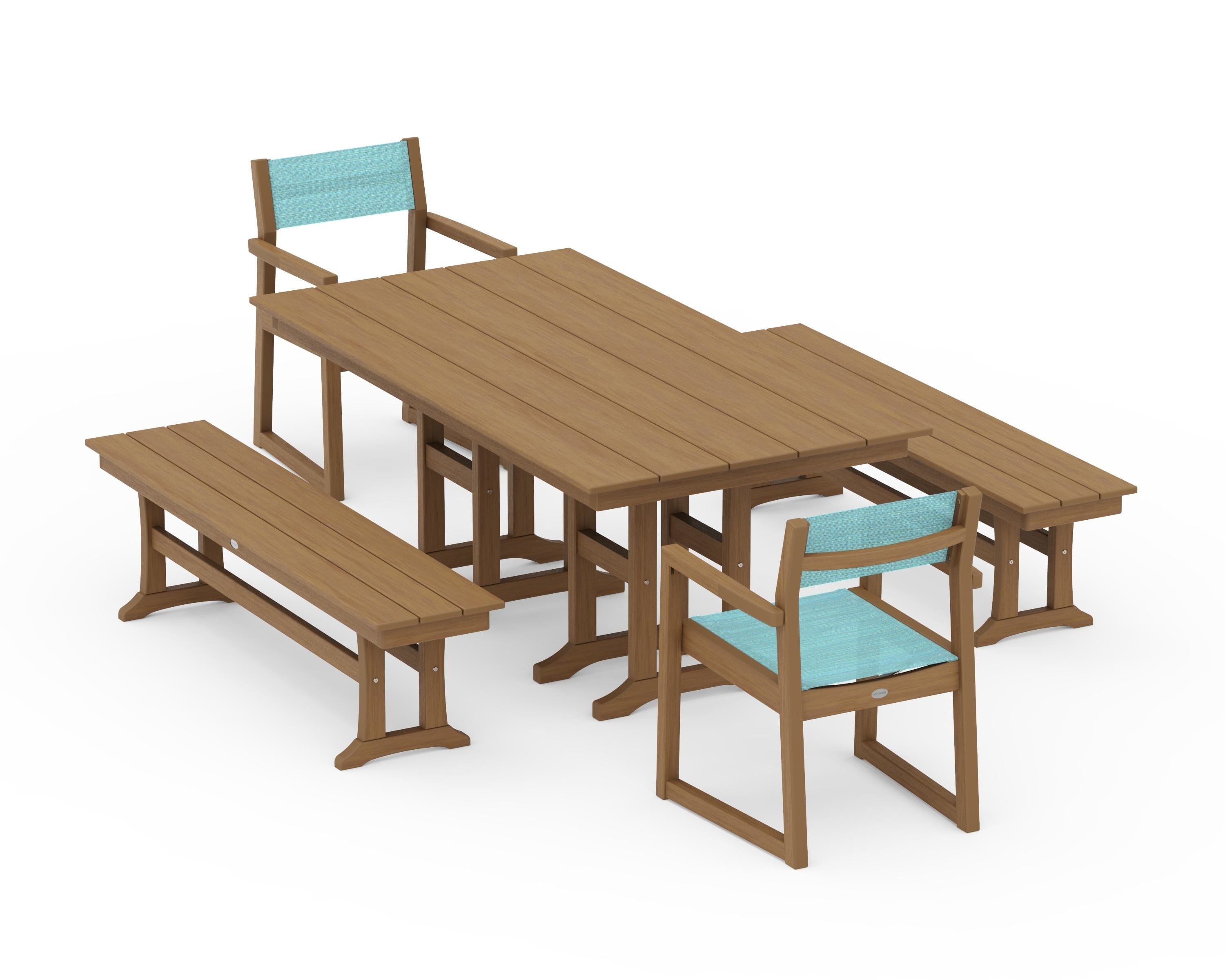POLYWOOD EDGE Sling Arm Chair 5-Piece Farmhouse Dining Set with Benches in Natural / Dupioni Aquamarine Sling