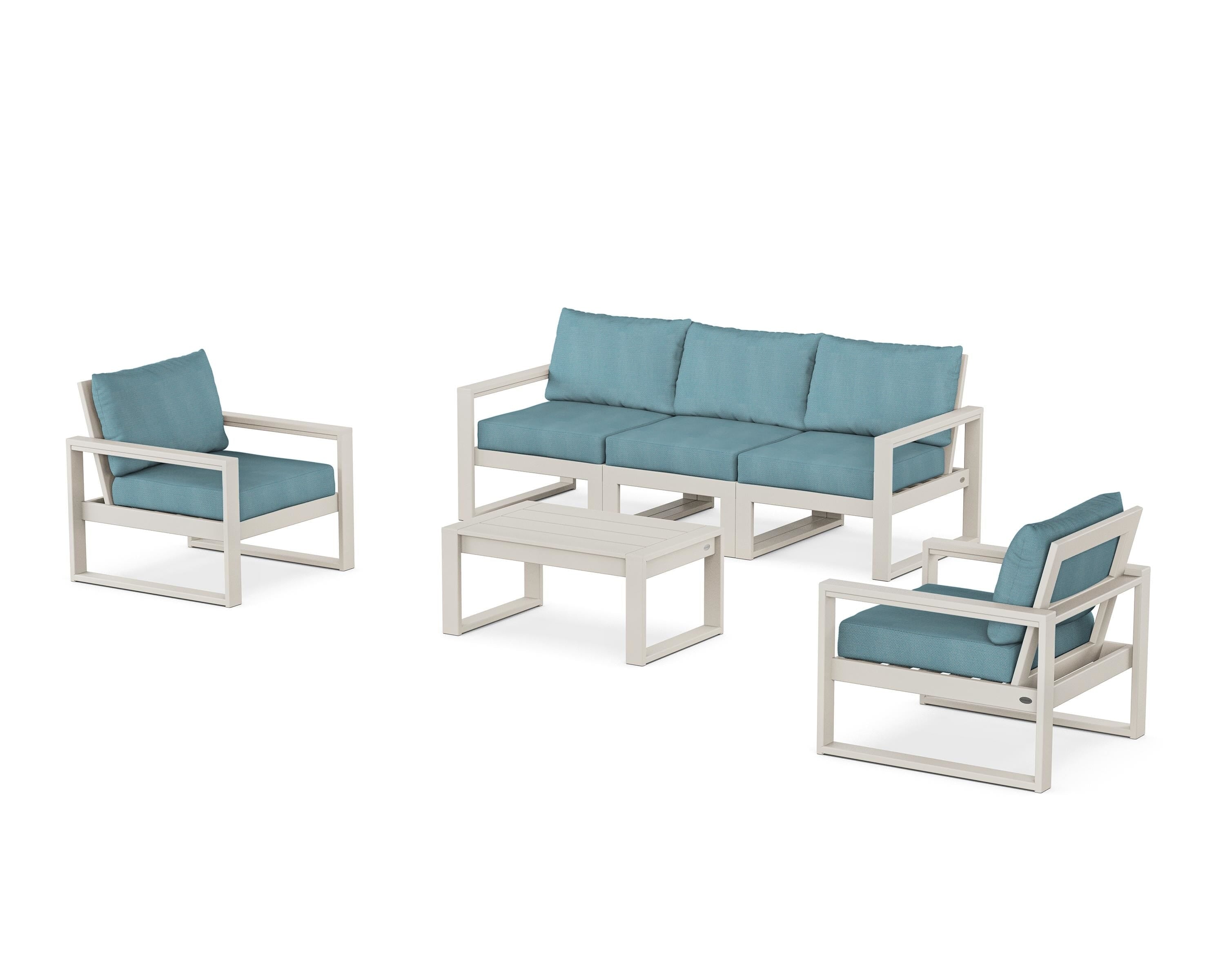 POLYWOOD EDGE Sectional 4-Piece Deep Seating Set with Sofa in Sand / Lattice Sky Blue