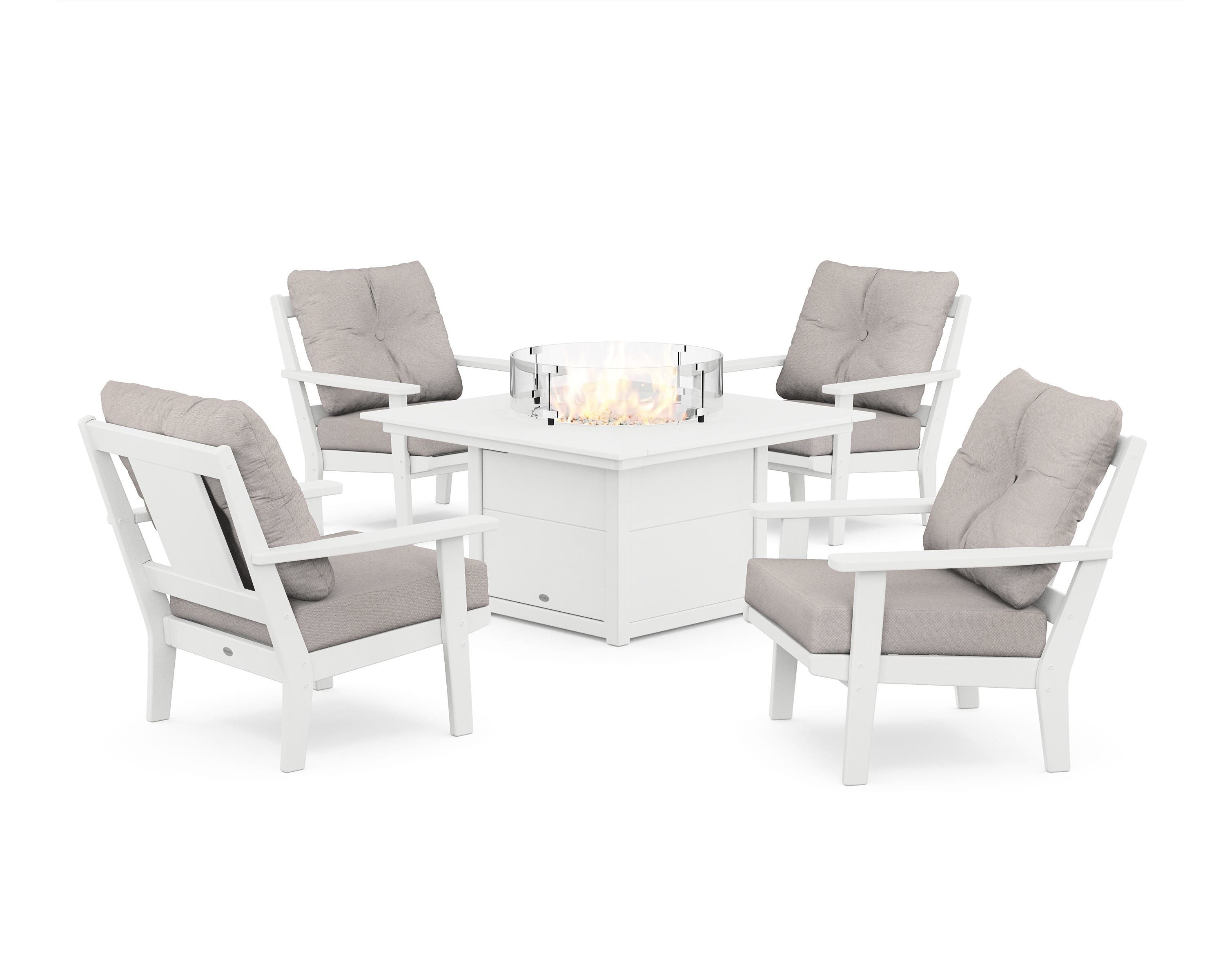 POLYWOOD Prairie 5-Piece Deep Seating Set with Fire Pit Table in White / Dune Burlap
