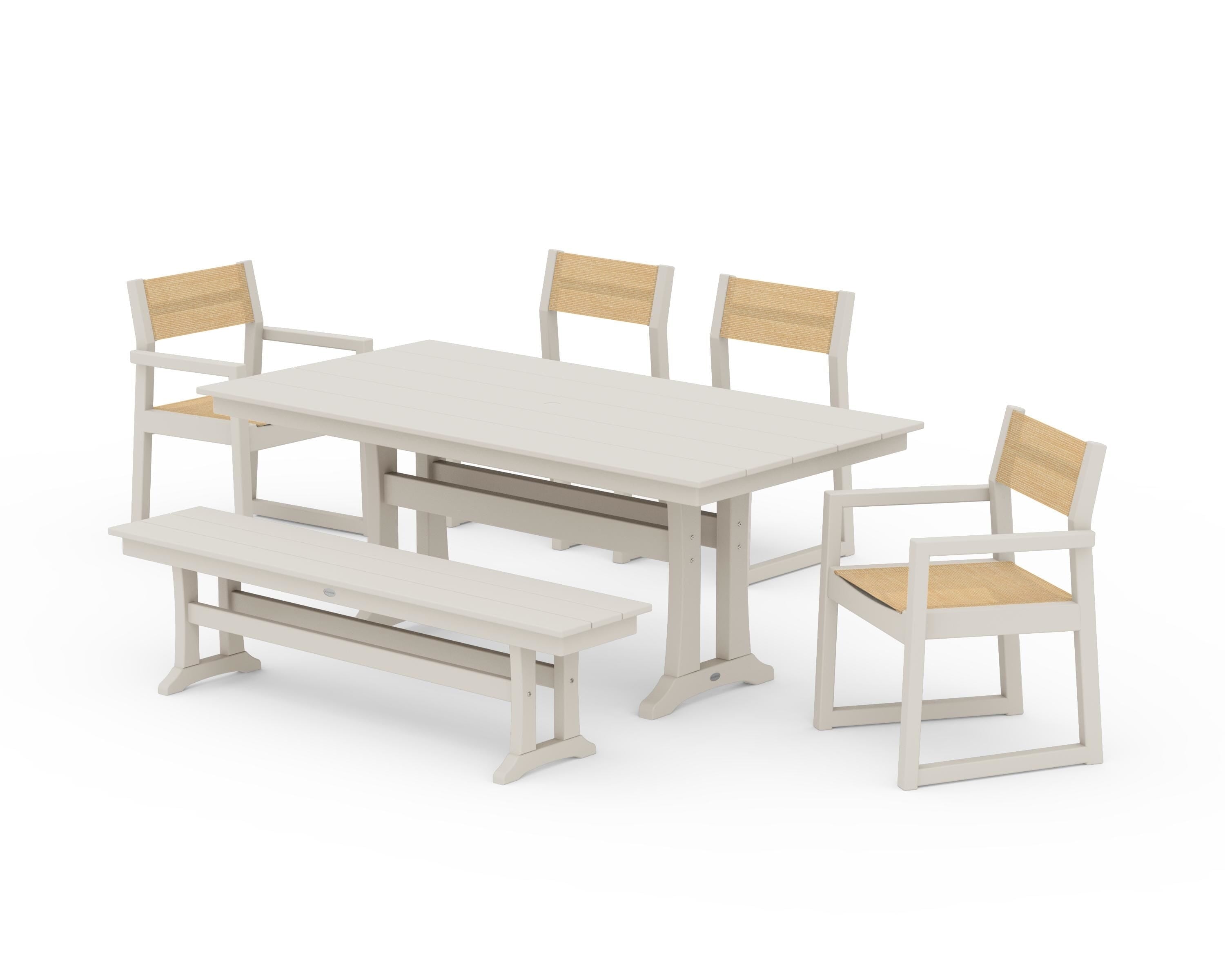 POLYWOOD EDGE Sling 6-Piece Farmhouse Dining Set With Trestle Legs in Sand / Dupioni Apricot Sling