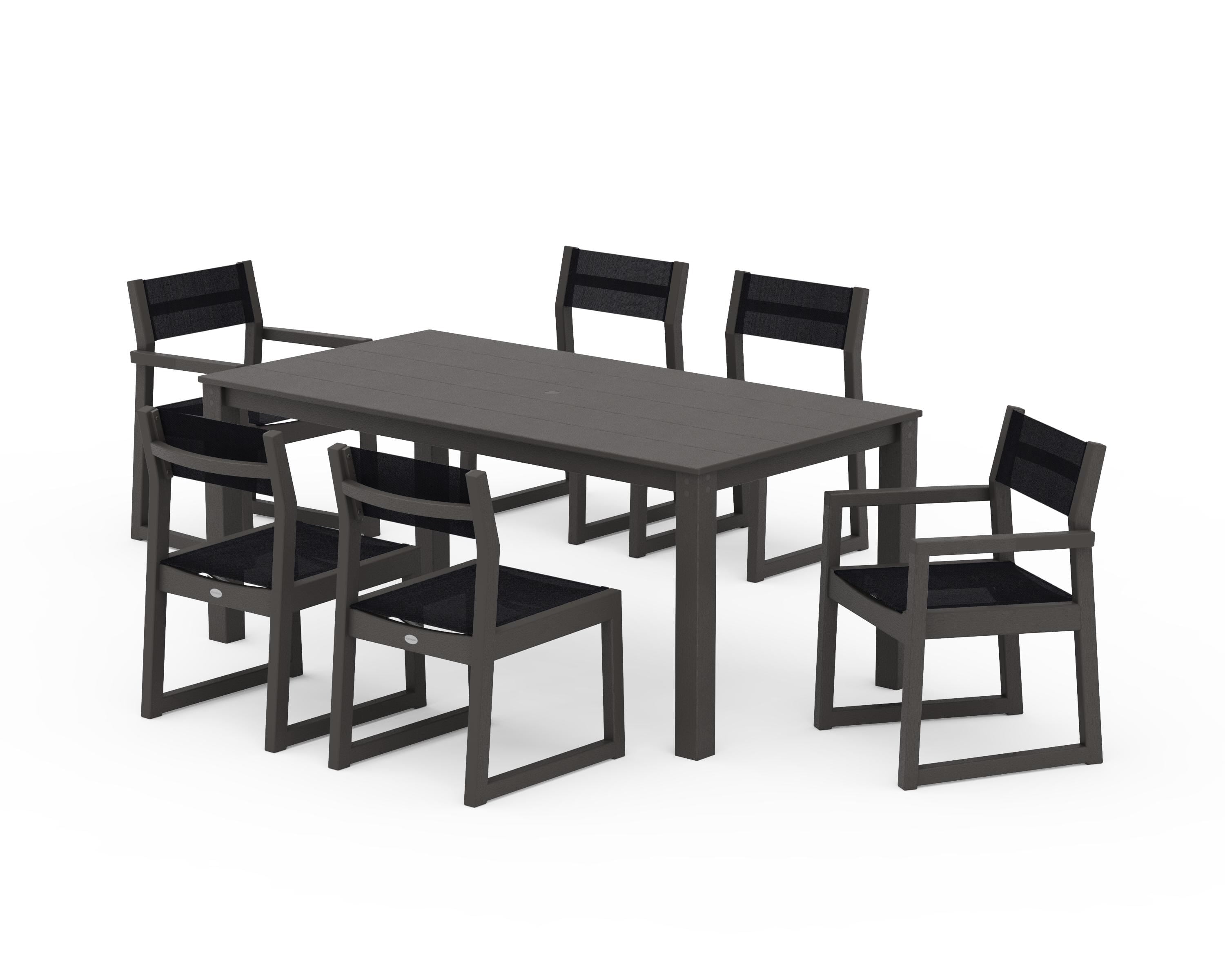 POLYWOOD EDGE Sling 7-Piece Parsons Dining Set in Vintage Coffee / Black Sling